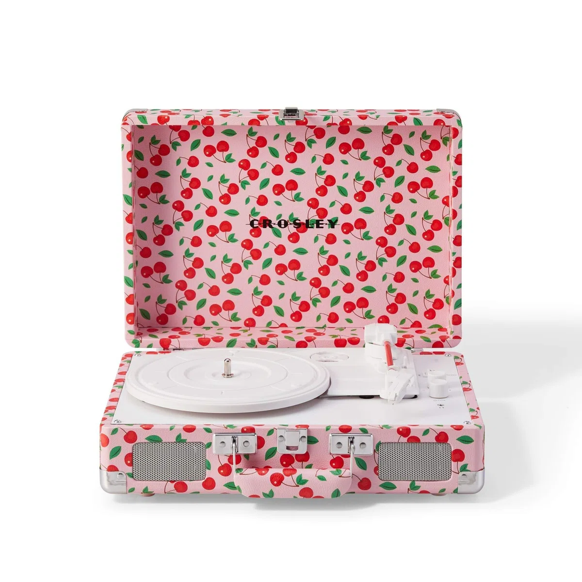 Crosley Cruiser Plus Gramofon z 2 głośnikami, Bluetooth In & Out i Aux 3 Speed Retro - do winylu 7", 10" i 12", przenośny, z wbudowaną walizką, wiśnie retro