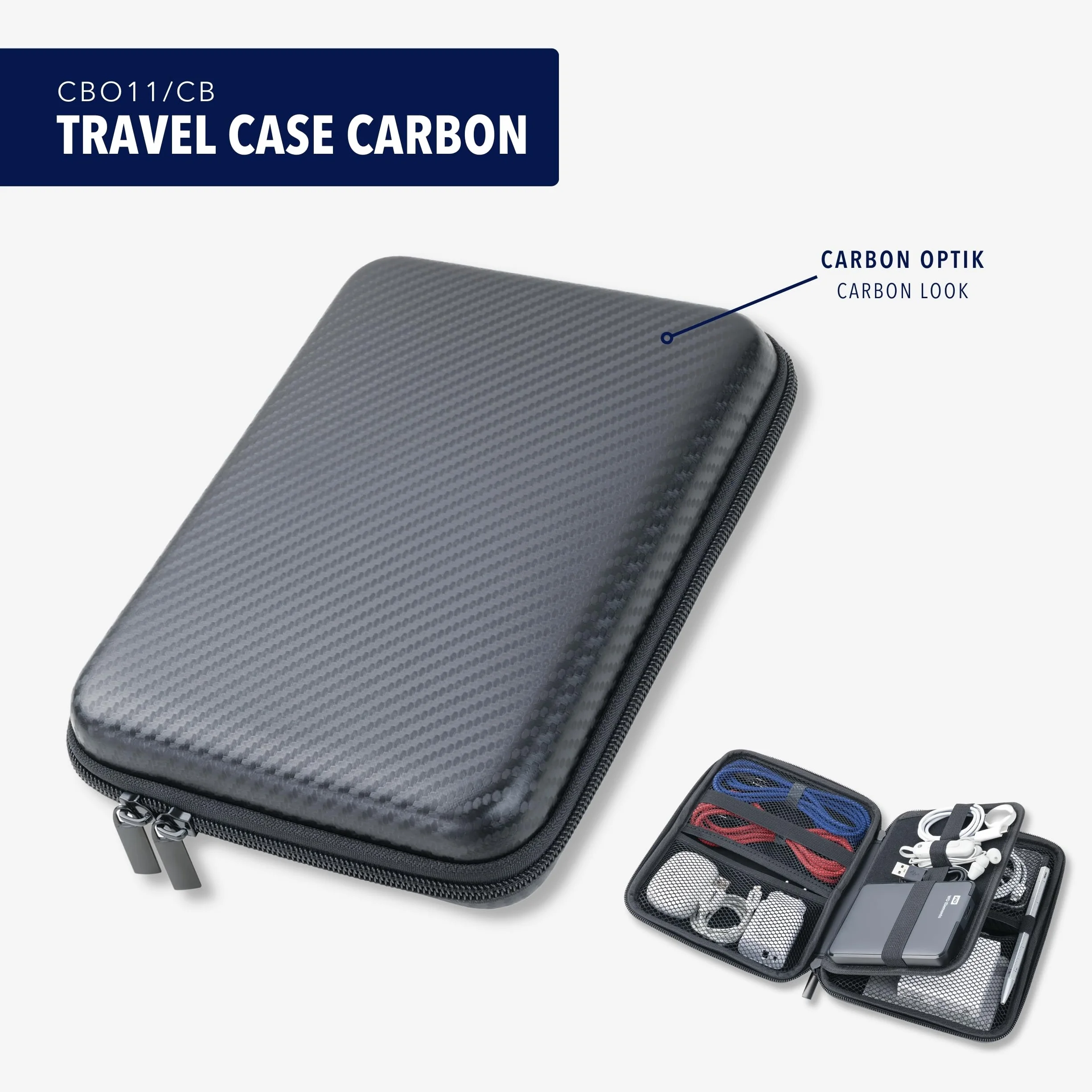 TROIKA Organizer etui z zamkiem błyskawicznym TRAVEL CASE CARBON z 3 przegródkami wewnętrznymi i 6 elastycznymi szlufkami na taśmie wraz ze ścianką działową (wewnątrz) sztuczna skóra, aksamit – wygląd