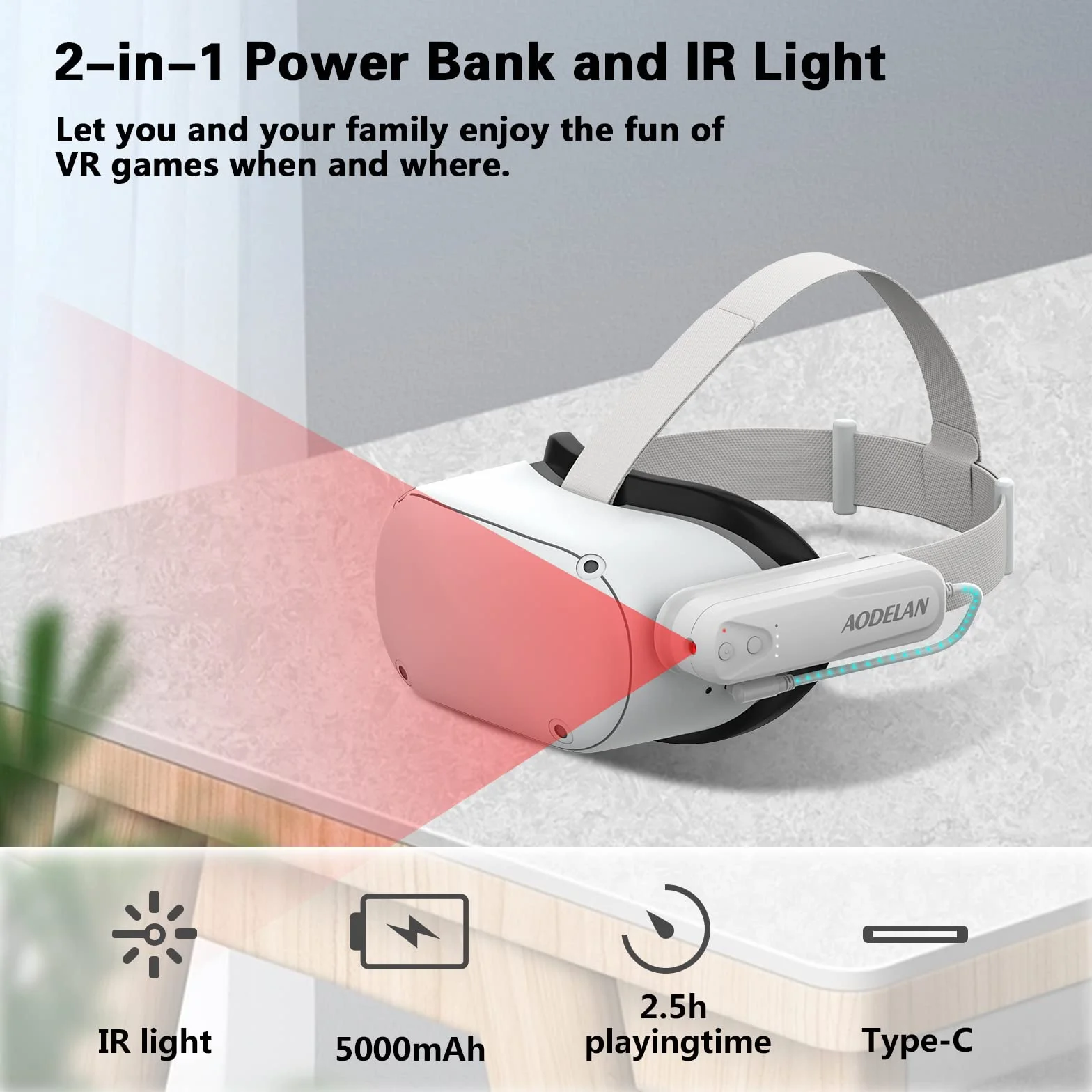 Akumulator 5000 mAh ze światłem na podczerwień do Meta/Oculus Quest 2, zwiększa czułość śledzenia dłoni w ciemności, przenośny powerbank kompatybilny z Elite Strap wydłużony czas odtwarzania 2–4