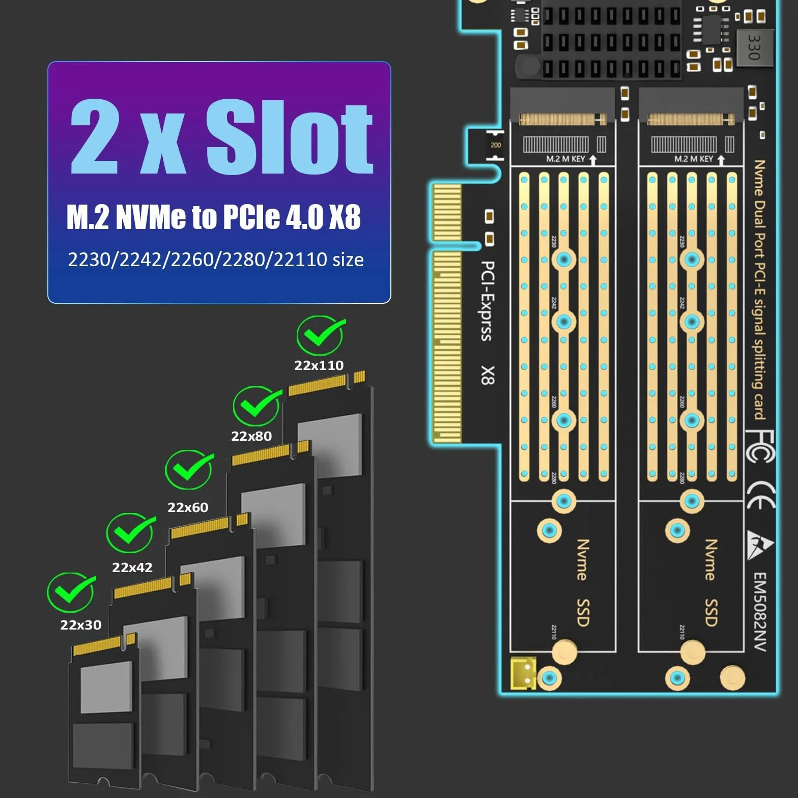 GLOTRENDS PA21 Dual Adapter M.2 NVMe do PCIe 4.0 X8 bez rozgałęzienia PCIe, konfiguracja miękkiego macierzy RAID M.2 NVMe za pomocą narzędzia systemu operacyjnego (obsługuje rozmiary 22110/2280)