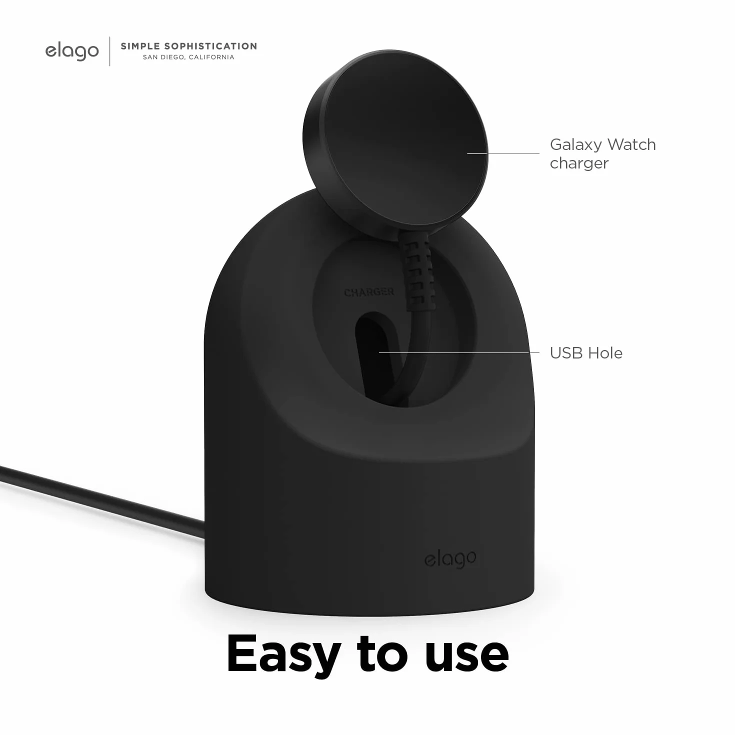 Elago Stojak na ładowarkę do Samsung Galaxy Watch 7/7 Ultra, 6/6 Classic, 5/5 Pro [40/43/44/45/47mm], tryb szafki nocnej, zarządzanie kablami (kabel do ładowania nie wchodzi w zakres dostawy), czarny