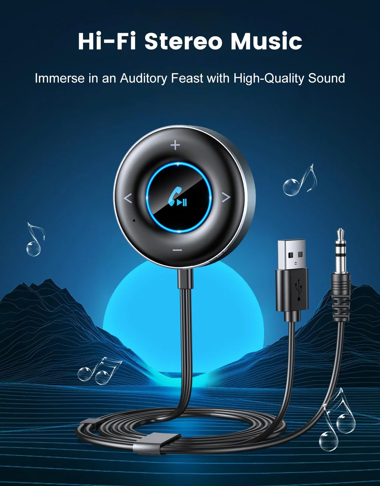 Adapter samochodowy Bluetooth 5,3, [podłącz i używaj] odbiornik Bluetooth 3,5 mm, samochodowy zestaw głośnomówiący Bluetooth, wbudowany mikrofon Hi-FI do stereo/głośników/słuchawek przewodowych