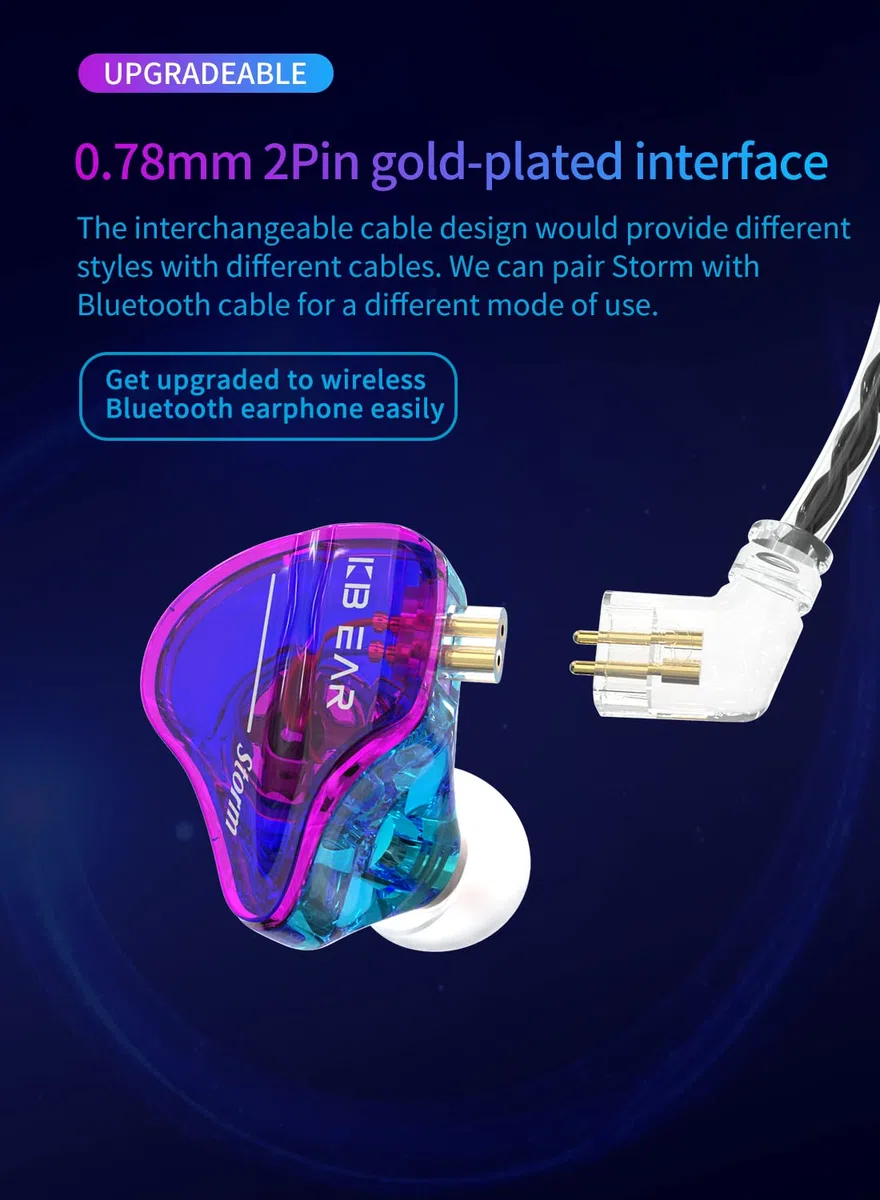 Yinyoo KBEAR Storm Earphones Słuchawki z 1DD, Kbear Wired in Ear Earbuds HiFi Deep Bass Clear Sound Over Ear Headset with Detachable Cable for Musicians Singer (Transparent black, No mic)