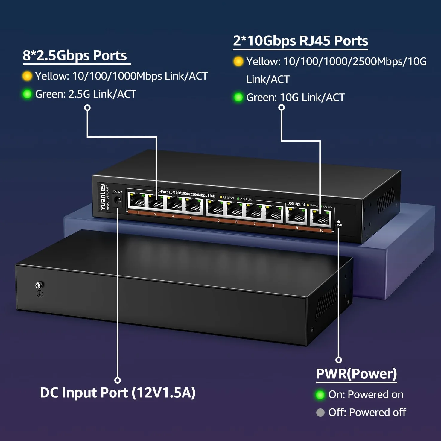 10-portowy przełącznik Ethernet 10G niezarządzany, 8 portów 2,5G Base-T, 2 porty RJ45 10Gb, kompatybilny z 100/1000/2500Mbps, metalowa obudowa bez wentylatora, przełącznik sieciowy YuanLey 2,5GbE do