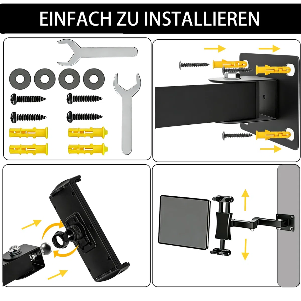 Uchwyt ścienny na tablet, aluminiowy wysuwany uchwyt ścienny, regulacja wysokości, składany, obracany o 360 stopni, składany, do kuchni, biura, salonu, łazienki lub sypialni, do urządzeń 4-13"