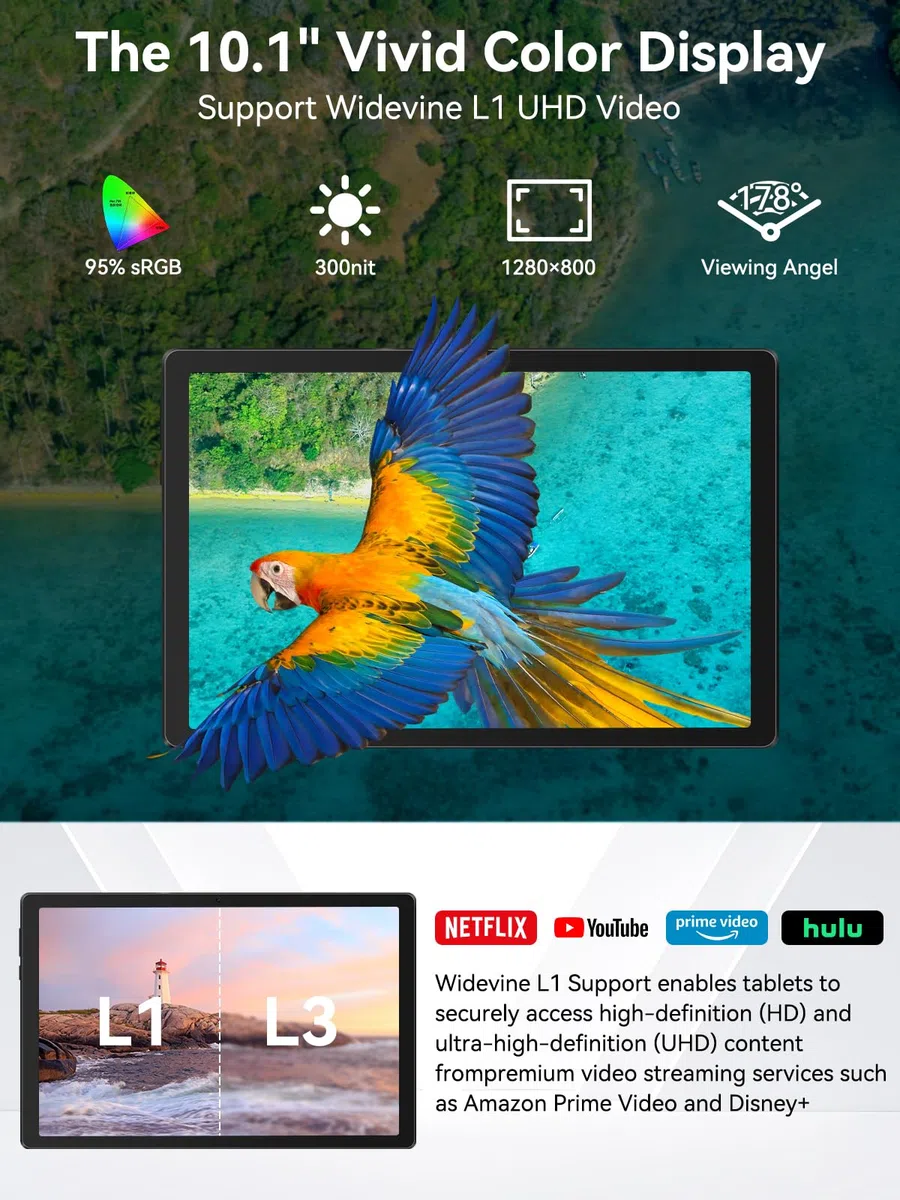 Whitedeer Tablet 10 cali z ośmiordzeniowym systemem Android 14, 14 GB pamięci RAM + 64 GB pamięci ROM, album w chmurze AI i 8 rodzajów białego szumu, aparat 5 MP + 8 MP, Wi-Fi 6 i BT 5.3 (czarny)