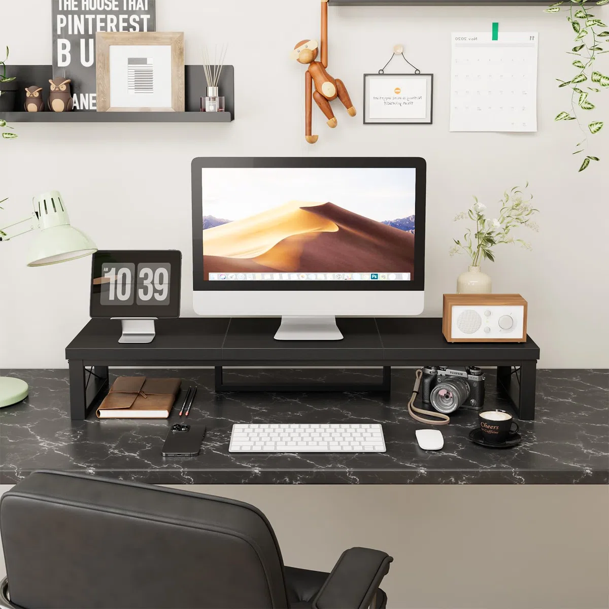 IBUYKE Podwójny stojak na monitor, podwyższenie ekranu komputera, 97 cm, drewniany, z miejscem do przechowywania, stolik biurowy z podwójnym ekranem, stojak na monitor do komputera, drukarki, laptopa