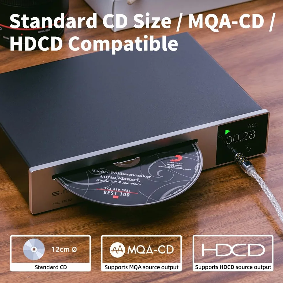 Odtwarzacz CD SMSL PL150, kompatybilny ze standardowymi płytami CD, MP3 CD. Obsługuje słuchawki RCA, 3,5 mm + 4,4 mm, optyczne, koncentryczne interfejsy wyjściowe, układ DAC CS43198, nadaje się do