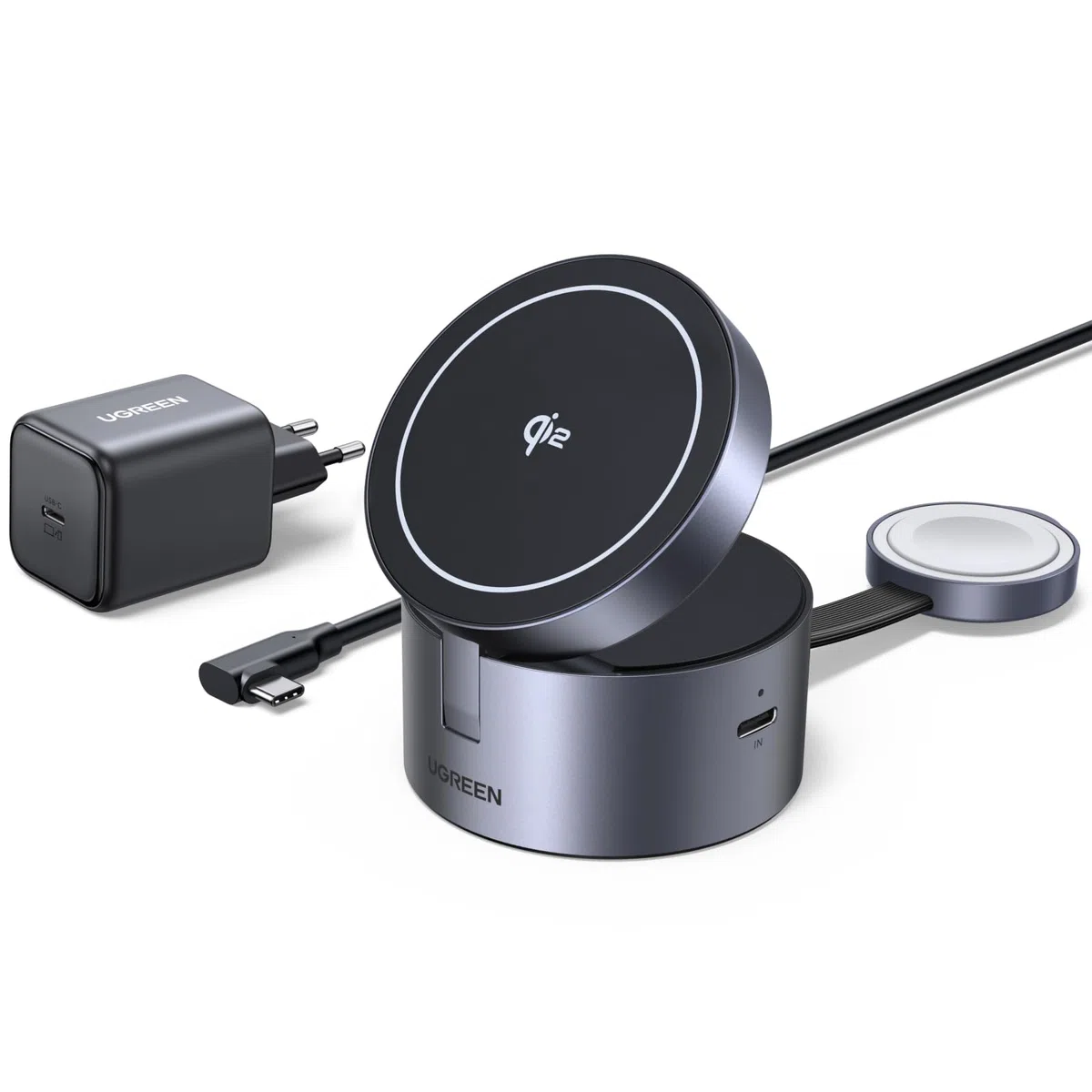 UGREEN MagFlow Qi2 15 W, magnetyczna ładowarka bezprzewodowa 3 w 1 z MagSafe | Kompatybilny z iPhone 17 16 15 14 13 12 Air Plus Pro Max AirPods 4 3 Pro 3 2 1 iWatch, regulowany, z ładowarką 45 W