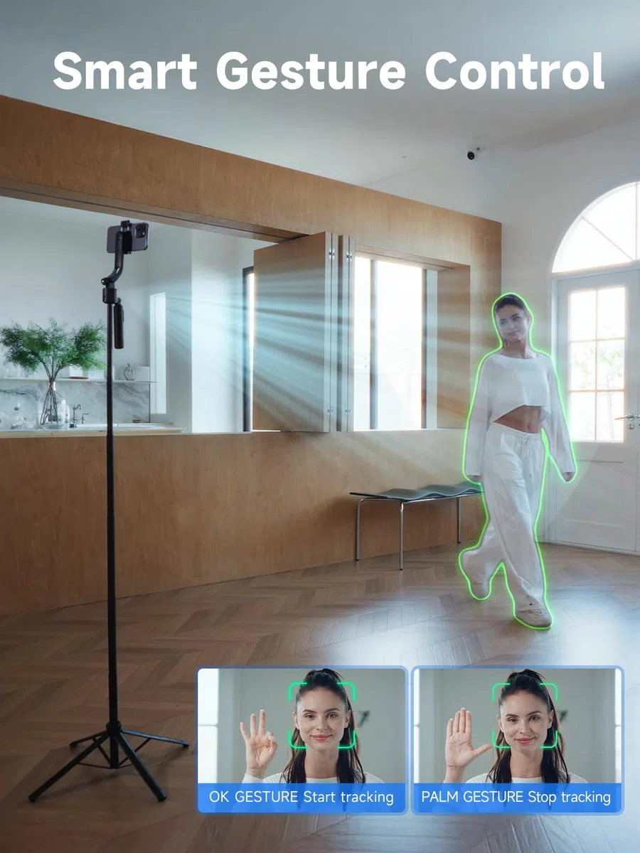 Rollei Easy Creator Quadpod z AI Tracking 360, automatyczne śledzenie twarzy, kijek do selfie z pilotem zdalnego sterowania do filmowania, do Tiktok Live Streaming Vlog, statyw do telefonu komórkowego