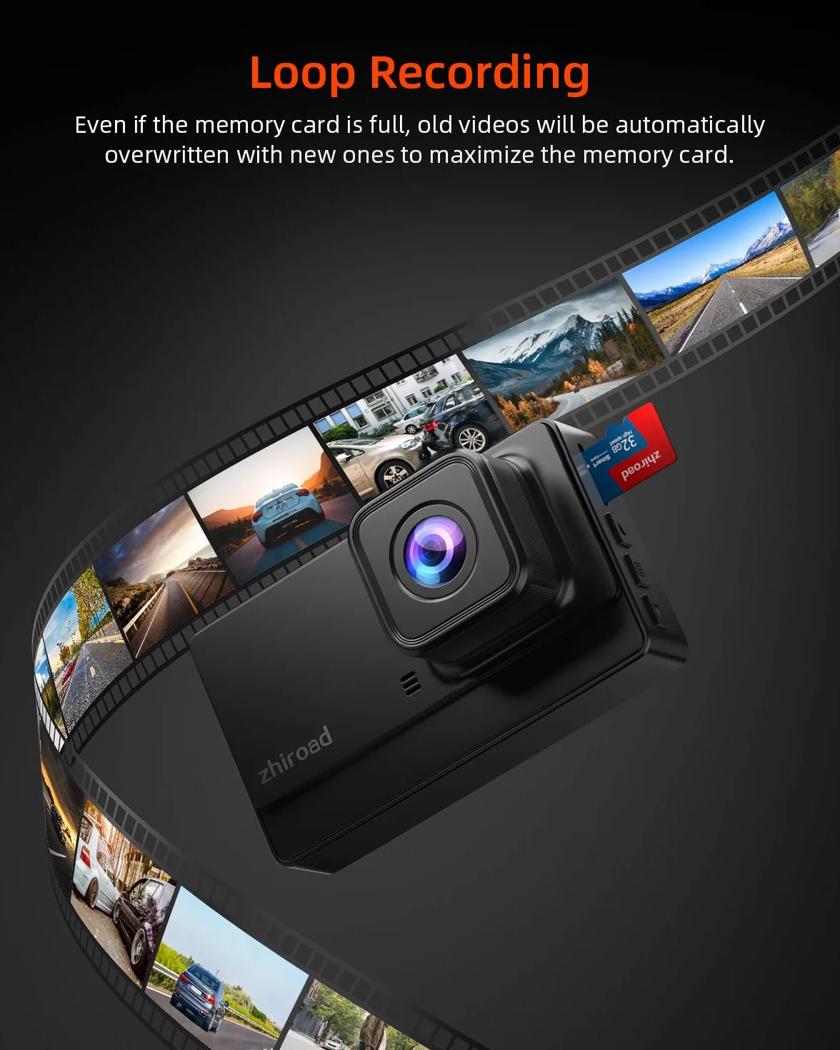 Rejestrator Jazdy Zhiroad Full HD 1080P, Dashcam z Karta SD 32 GB, Kamera Samochodowa z 3-cali Ekran IPS, Widok 176°, Wizja Nocna, Nagrywanie Pętli, Tryb Parkowania 24h, Czujnik Grawitacyjny, WDR