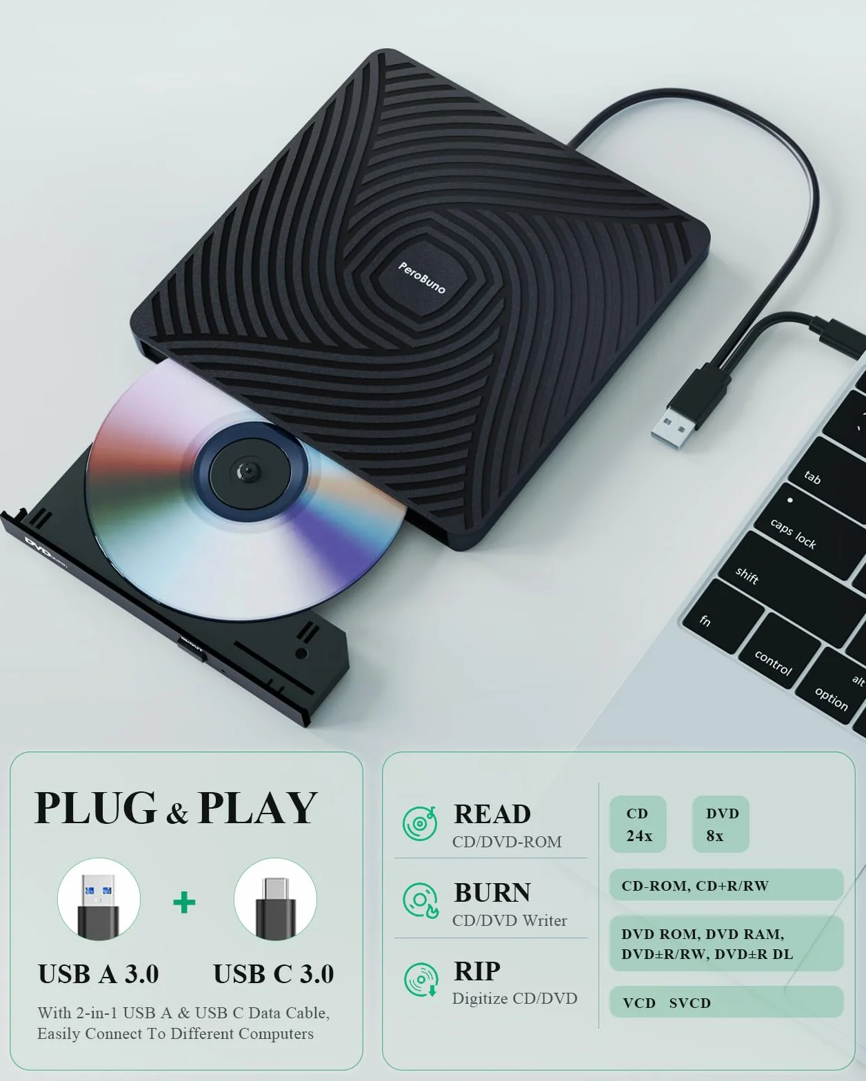 PeroBuno Zewnętrzny Napęd CD DVD, Napęd Optyczny USB 3.0 Typu C, 0,5-calowy Ultra-Slim Przenośny Odtwarzacz Płyt CD ROM Do Laptopów PC Windows 11/10/8/7 Linux Mac OS