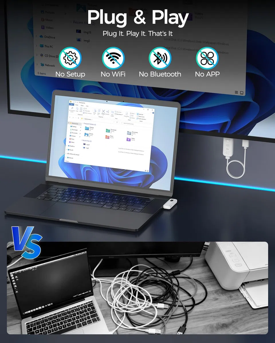 Alxum Bezprzewodowy nadajnik HDMI – USB-C 50 m bezprzewodowa transmisja HDMI Plug & Play, wyjście 4K HD, przenośny przedłużacz złącza HDMI 2,4 g/5G do monitora/projektora z telefonu/tabletu