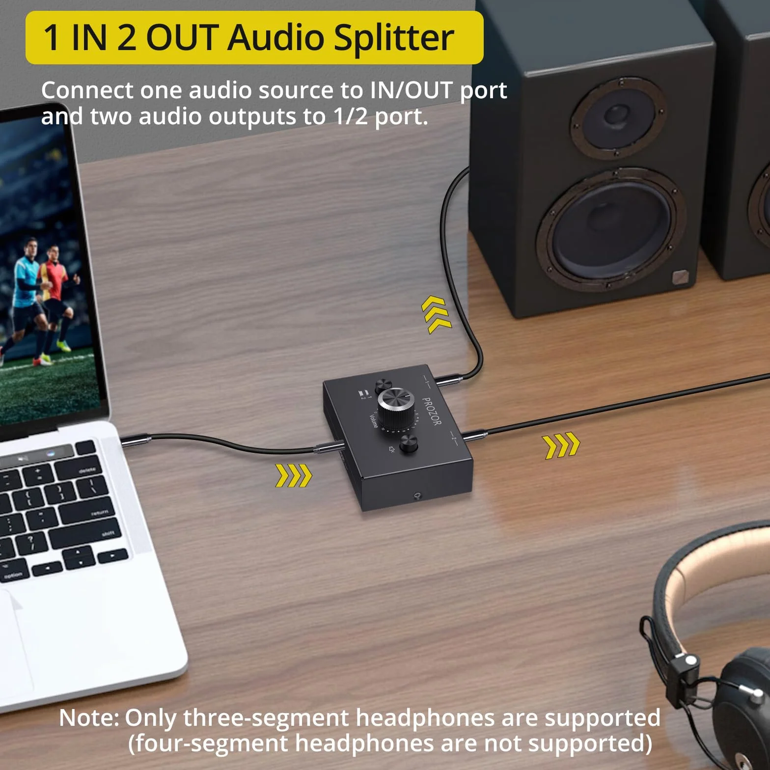 PROZOR Dwukierunkowy przełącznik audio, 3,5 mm, przełącznik audio, 2 (1) IN-1(2) Out z regulacją głośności, kabel 3,5 mm do komputera, telewizora, głośników
