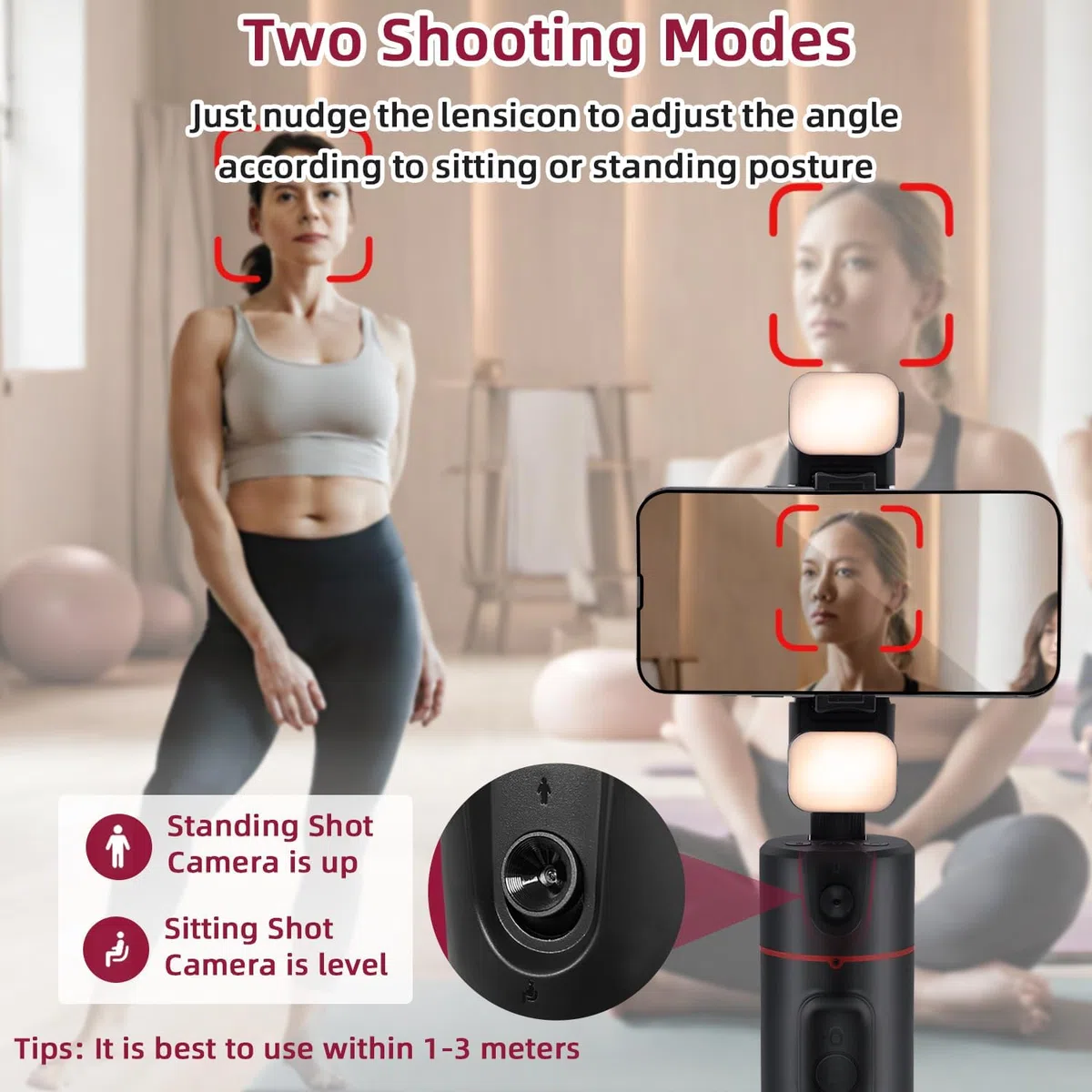 Mcbazel 360 Rotating Smart Face/Body Shooting Holder,Auto Face Tracking Tripod,Rechargeable Selfie Stick Phone Tripod with Fill Light for Vlog,Streaming,Video,Tiktok (Upgraded Version/No App)