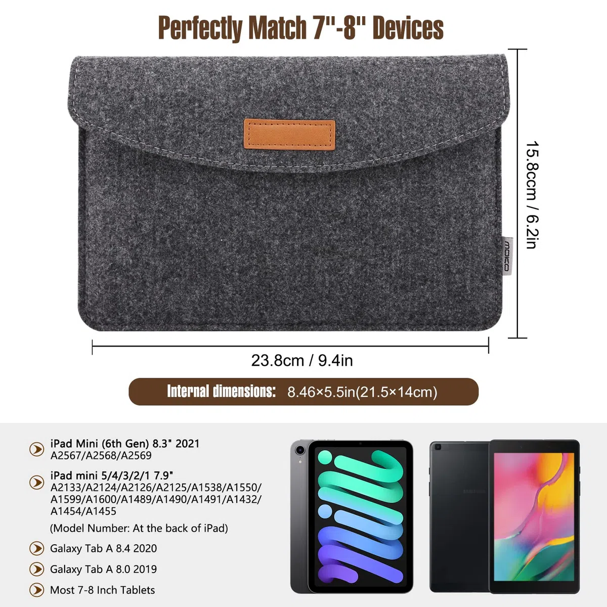 MoKo Universal 7-8 Inch Felt Sleeve Case - Portable Felt Protective Case for iPad Mini (6th Gen) 8.3 Inch 2021, iPad Mini 5/4/3/2/1, Galaxy Tab S2 8.0, Tab A 8.0, ZenPad Z8s 7.9, Dark Grey