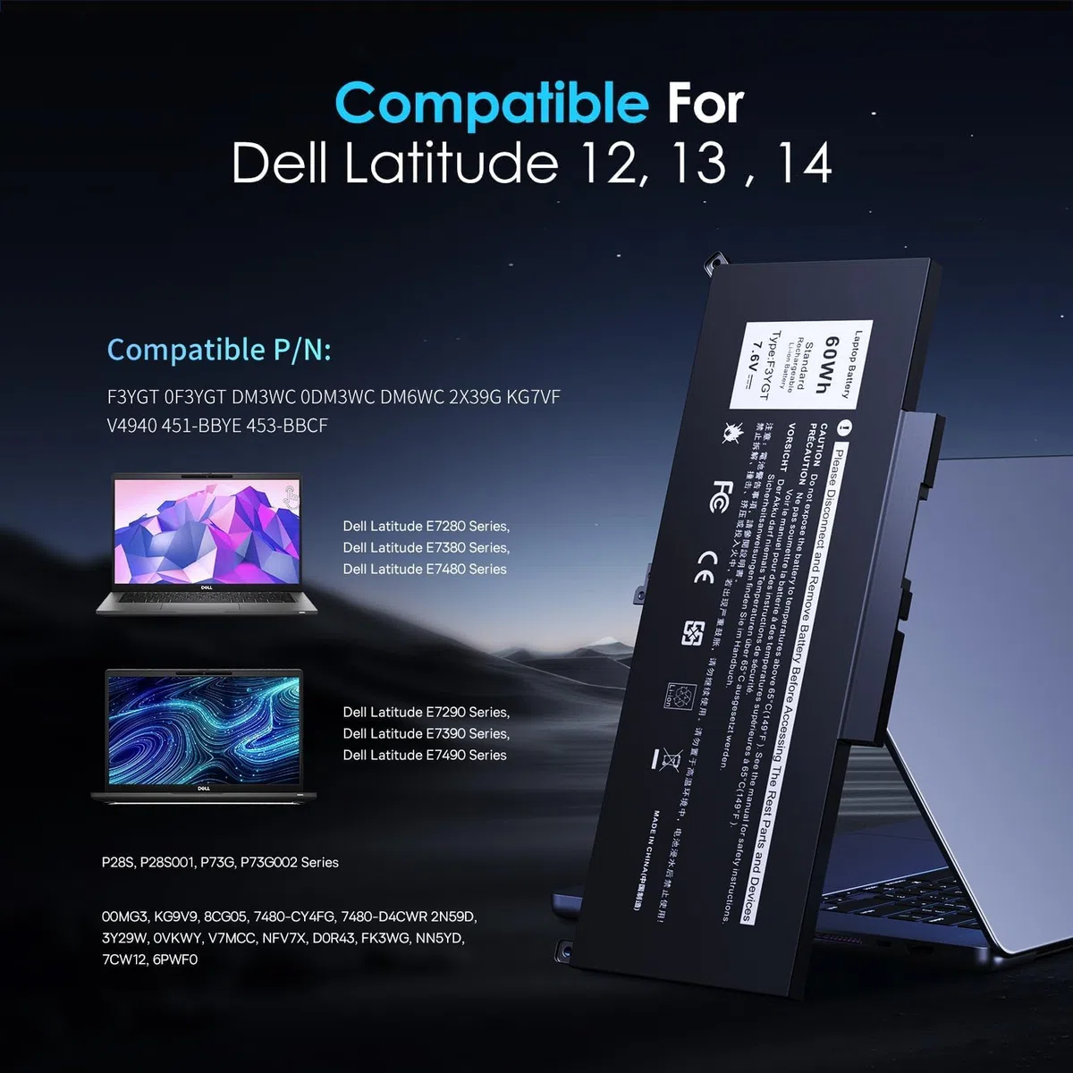 F3YGT Bateria zamiennicza do Dell Latitude 12 7000 7280 7290 Latitude 13 7000 7380 7390 P29S002 Latitude 14 7000 7480 7490 P73G002 Seria DM3WC DM6WC 2X39G KG7VF 451-BBYE 453-BBCF 7,6V/60WH
