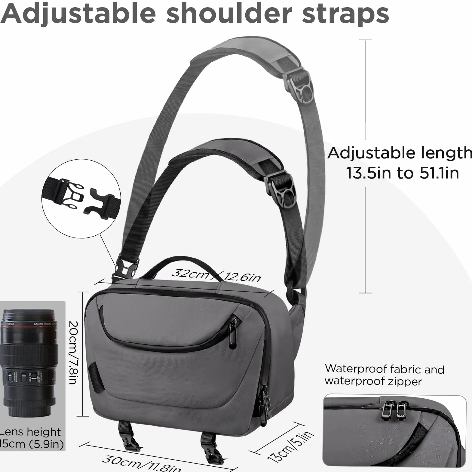 TAAOKA torba na aparat, wodoodporna torba na aparat z uchwytem na statyw, torby na aparaty DSLR/SLR/Mirrorless Crossbody dla fotografów, szary, 12.6 x 5.1 x 7.8 inches, Moda