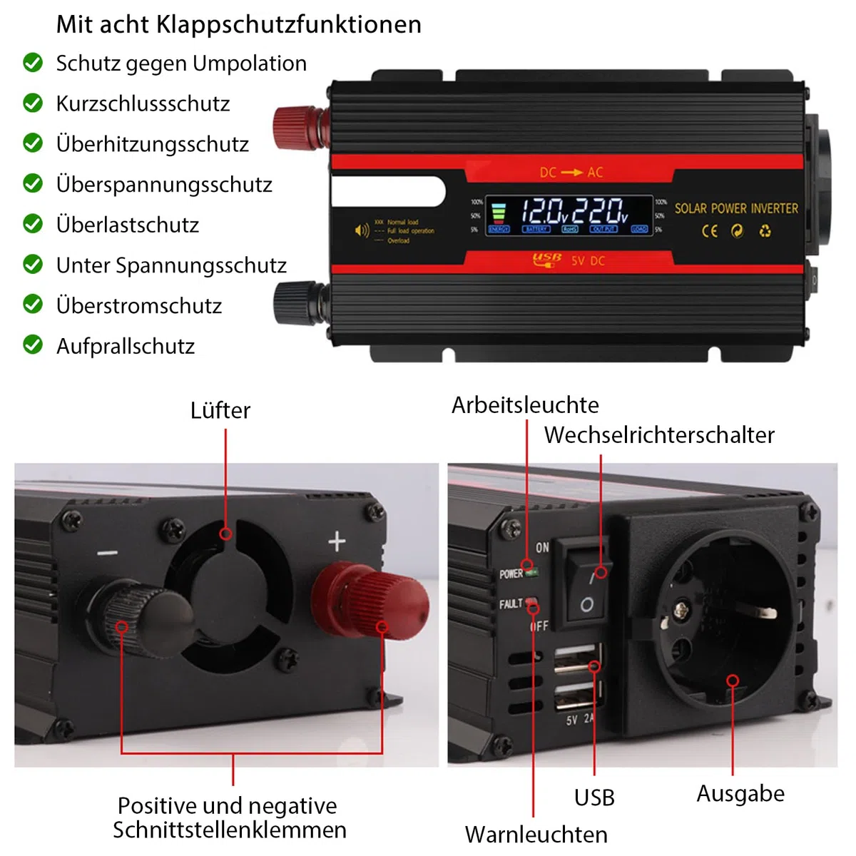 Przetwornica napięcia DC 12 V/24 V na AC 230 V, zmodyfikowana fala sinusoidalna, fala solarna 700 W/2000 W z gniazdami UE, 2 adaptery USB do samochodów osobowych, ciężarowych, przyczep kempingowych