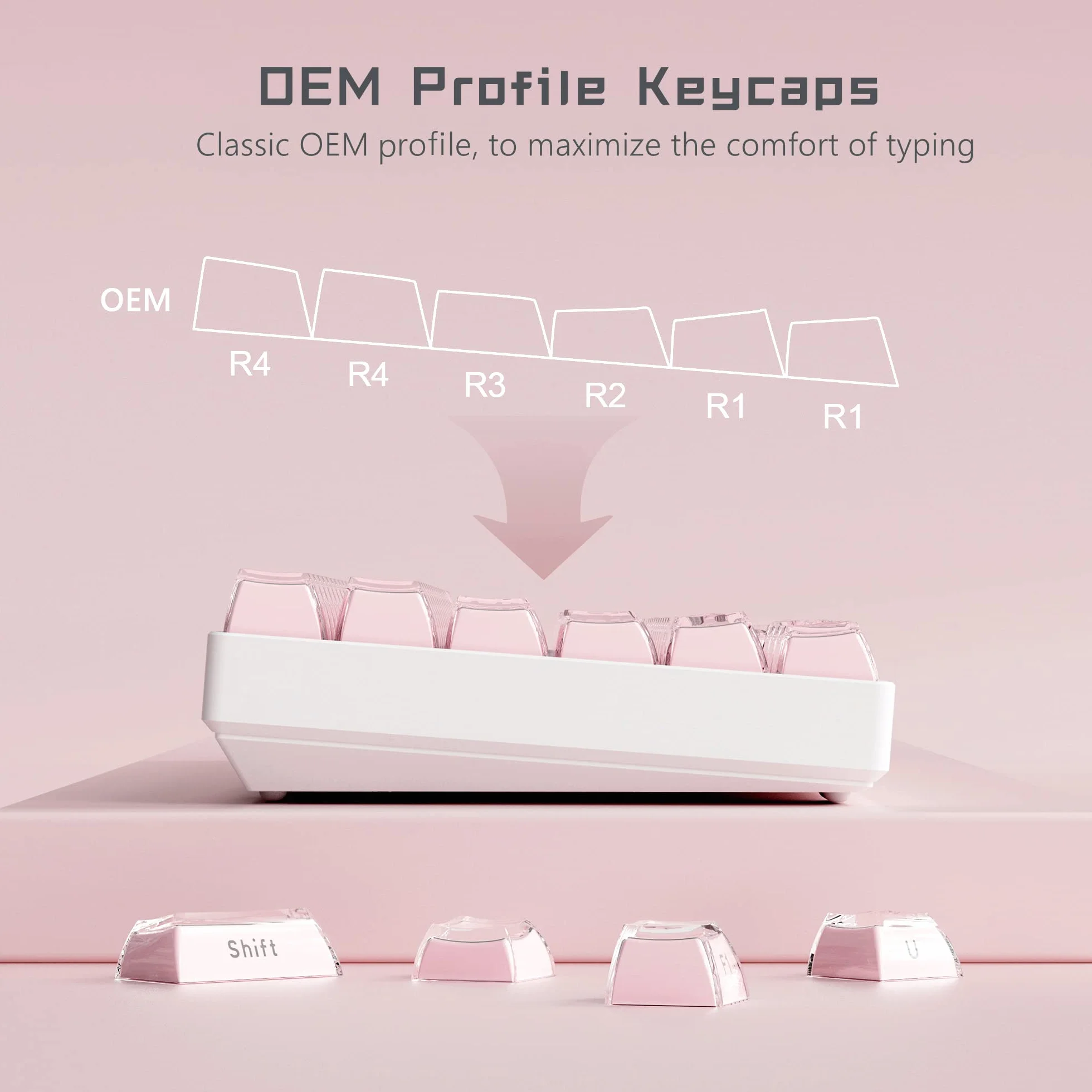 Womier Keycaps, Crystal Jelly Keycaps 60 65 75 100 Percent, Side Printed Elegant Key caps Custom113 Keys, OEM Profile for 61/68/84/87/98/100 Cherry Gateron MX Mechanical, Pink