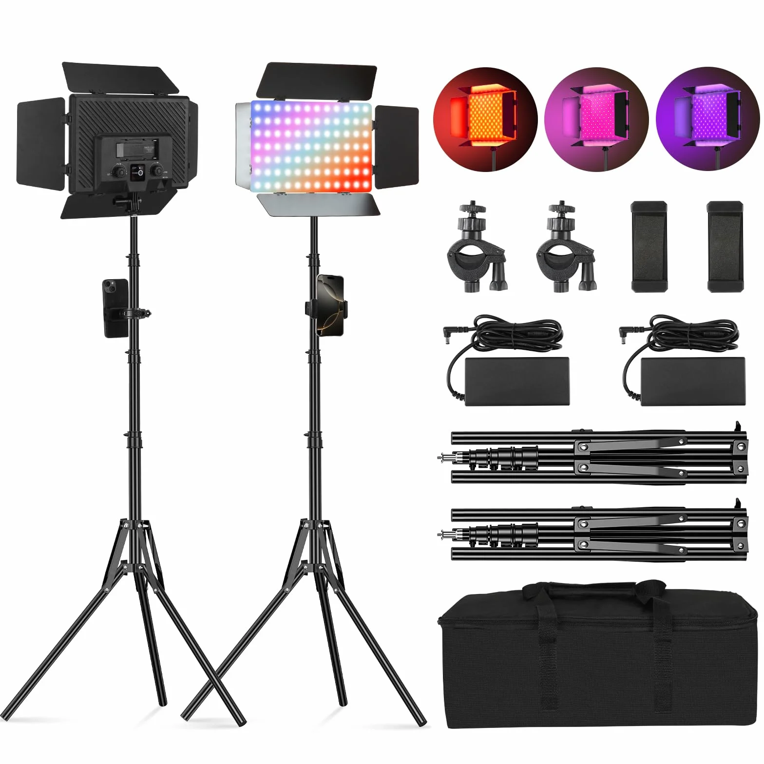 Soonpho Zestaw 2 paneli świetlnych RGB LED z drzwiami do stodoły 2500-8500 K, ściemniane, 20 W, oświetlenie studyjne, ze statywem 1,6 m i uchwytem na telefon komórkowy do transmisji wideo YouTube na