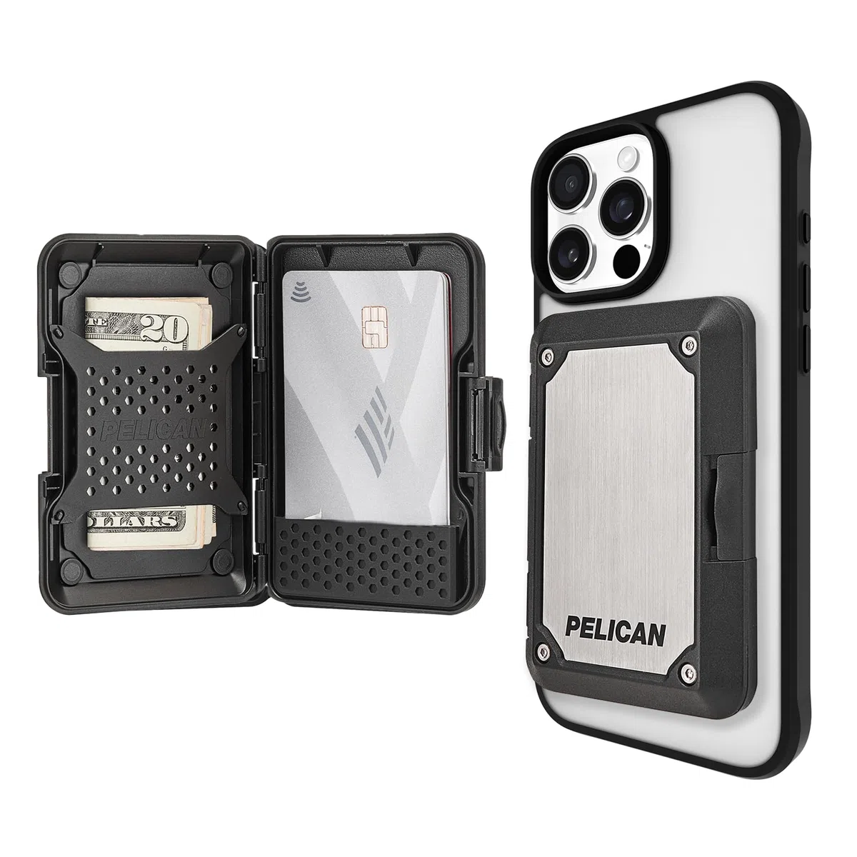 Pelican Shield Magnetyczny portfel z blokadą RFID, ochrona przed upadkiem, zatrzaskowy portfel MagSafe, zdejmowany portfel z twardą obudową do iPhone'a 15 Pro Max/14 Pro Max/13 Pro Max/12,