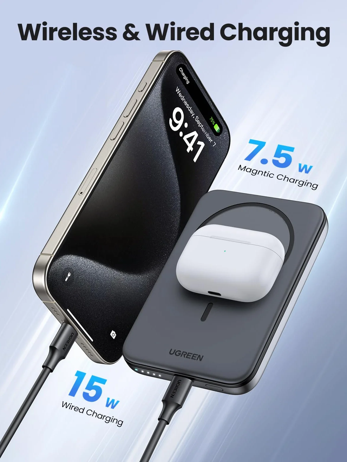 UGREEN Wireless Powerbank 5000mAh Magnetic Power Bank Small z funkcją szybkiego ładowania USB-C, bezprzewodowa bateria zewnętrzna MagSafe kompatybilna z iPhone 17 Pro Max/16 Pro/15/14/13/12（czarny）