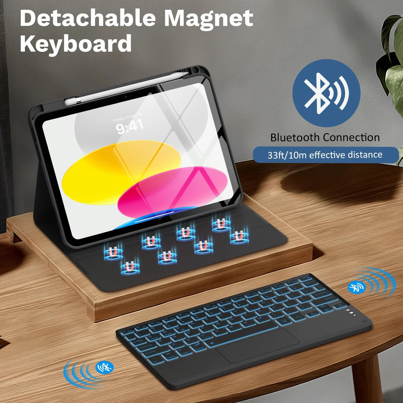 MoKo Touch Keyboard Case for iPad (A16) 11th Generation 11 inch 2025,iPad 10th Generation 10.9 inch Case with Pencil Holder,7 Colors Backlit Multi-TrackPad Detachable Bluetooth Keyboard,Notebook Black