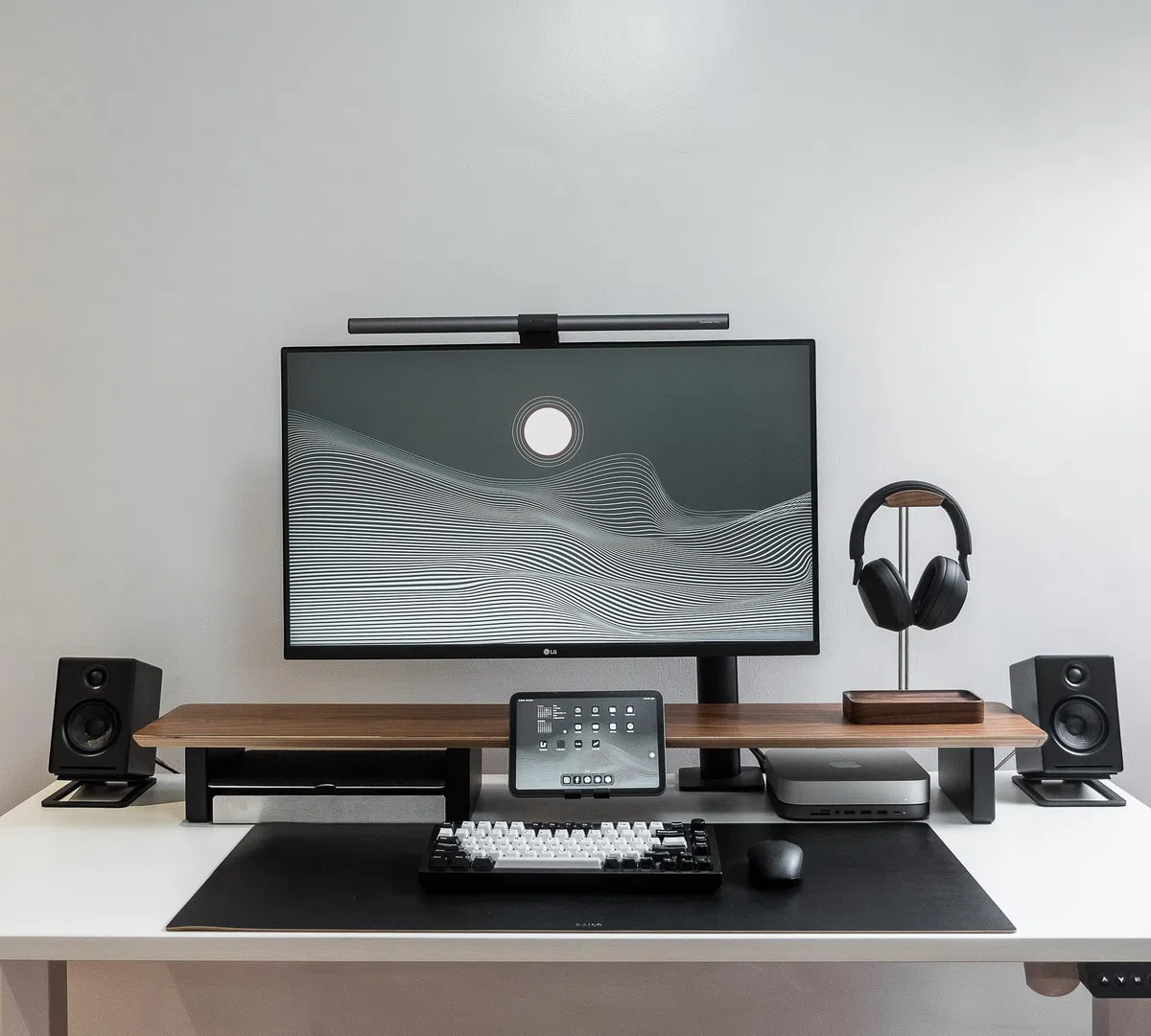 Regał biurkowy, system kokpitu, podwójny monitor, stojak na biurko, drewno orzechowe, drewniany duży organizer, orzech, pełna długość v2, 116 cm