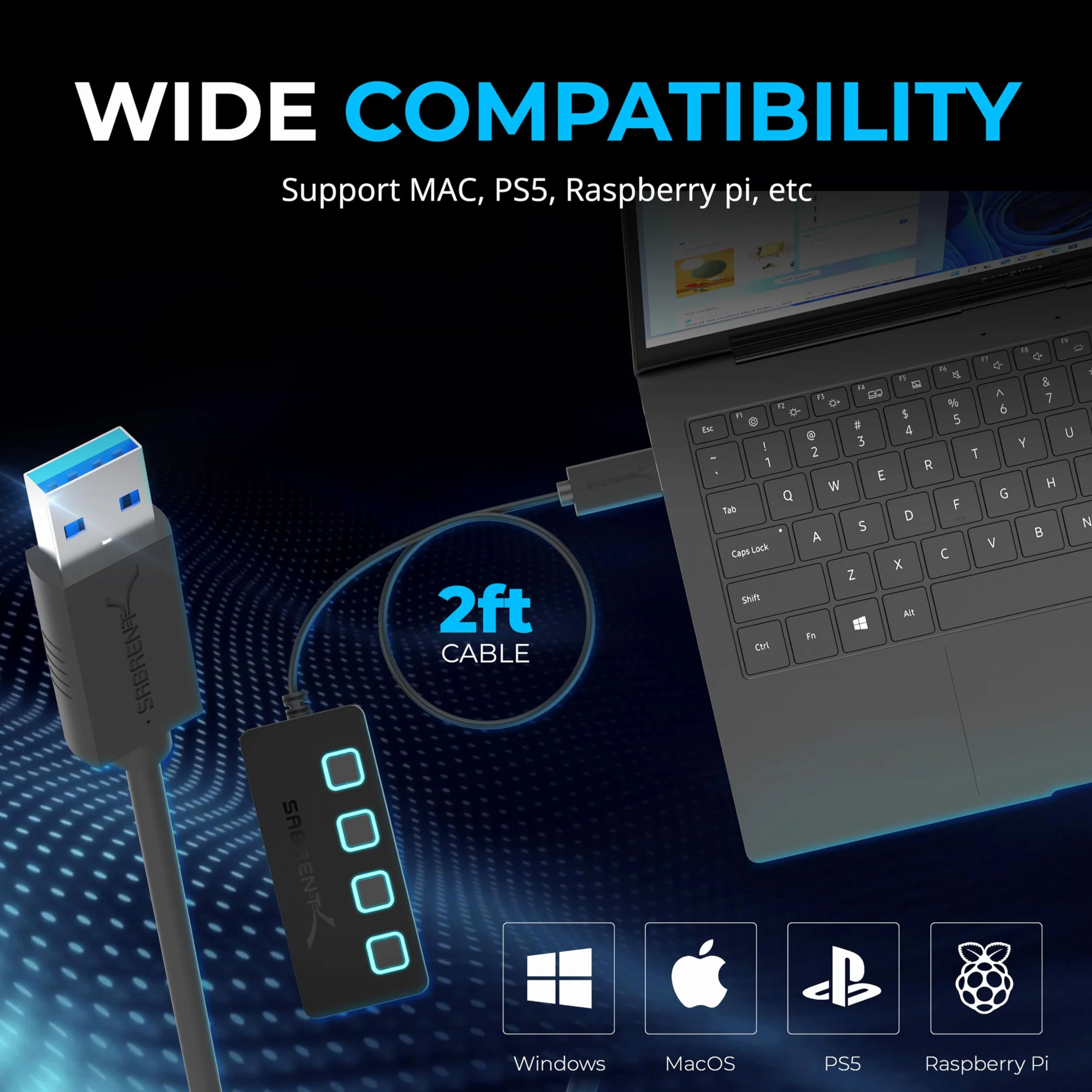SABRENT Hub USB 3.2 Gen 1 4 porty listwa zasilająca USB rozdzielacz przełączniki ON/OFF diody LED zasilacz do PC laptopa