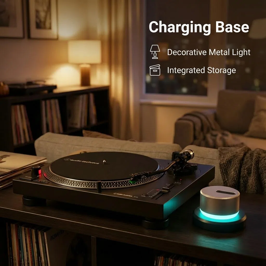 HumminGuru LUMI Stabilizator Ciężaru Płyty i Tester Prędkości Gramofonu Dysk Stroboskopowy i Światło 33/45/78 RPM | LP 300 g Aluminiowy Zacisk Ciężarków Lampa Oświetlenia Ambientowego 9 LED Kolorów