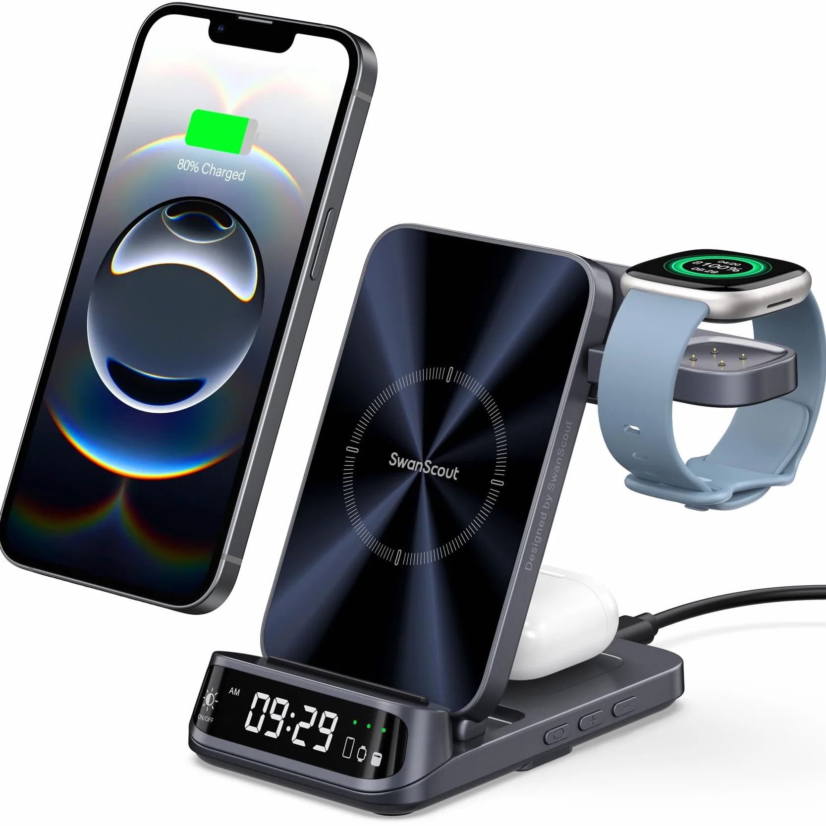 Bezprzewodowa Ładowarka Do Fitbit Versa 4/3/Sense 2/1/Pixel Watch 3/2, 3 W 1 Stacja Ładowania Do iPhone 17/16/15, Do Samsung S25/S24, Do Google Pixel, Bez Zasilacza (Nie Dla Pixel Watch 4/1)