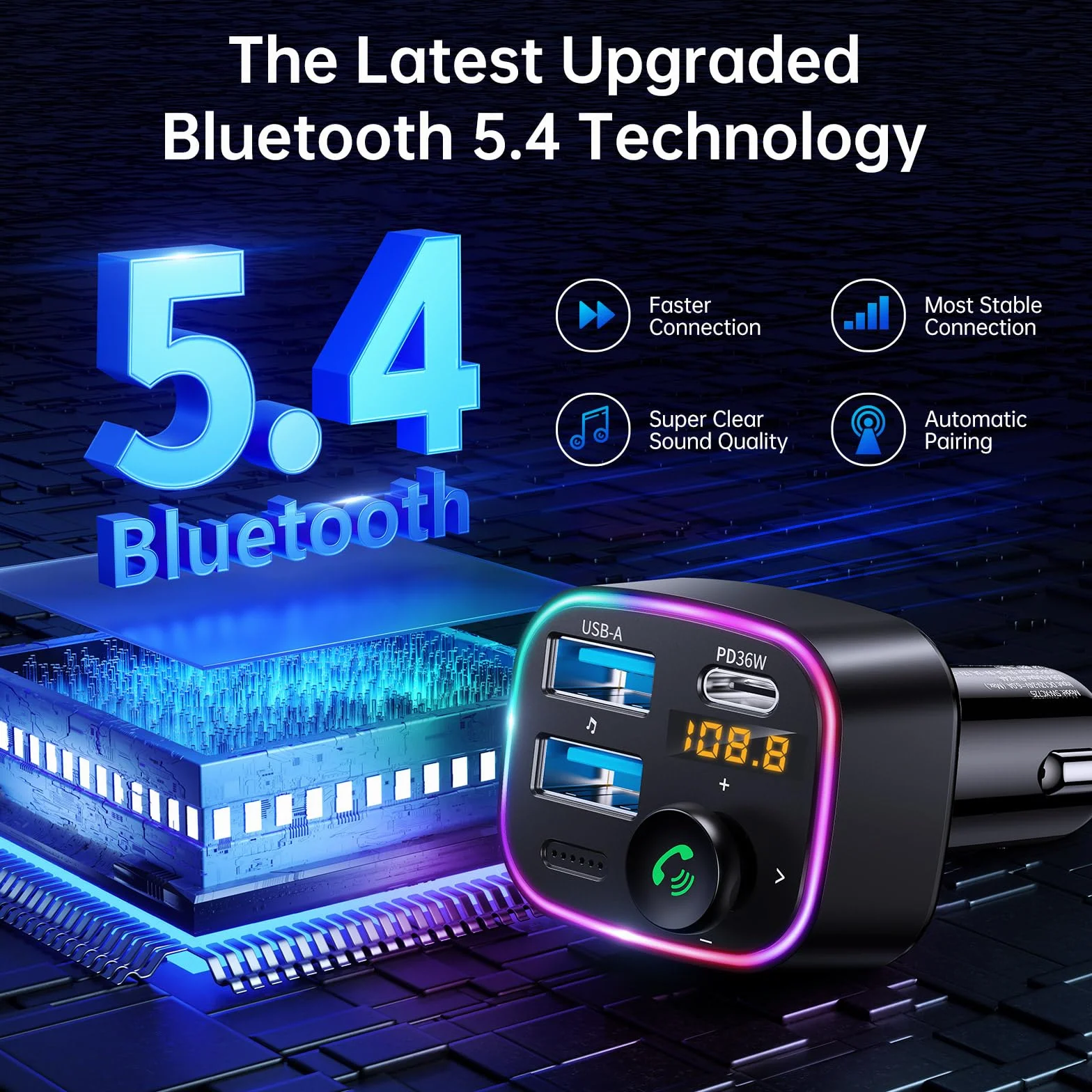 Syncwire Bluetooth 5.3 FM Nadajnik Samochodowy 48W Ładowarka Samochodowa Bezprzewodowy Odbiornik Radiowy Wyświetlacz LED USB