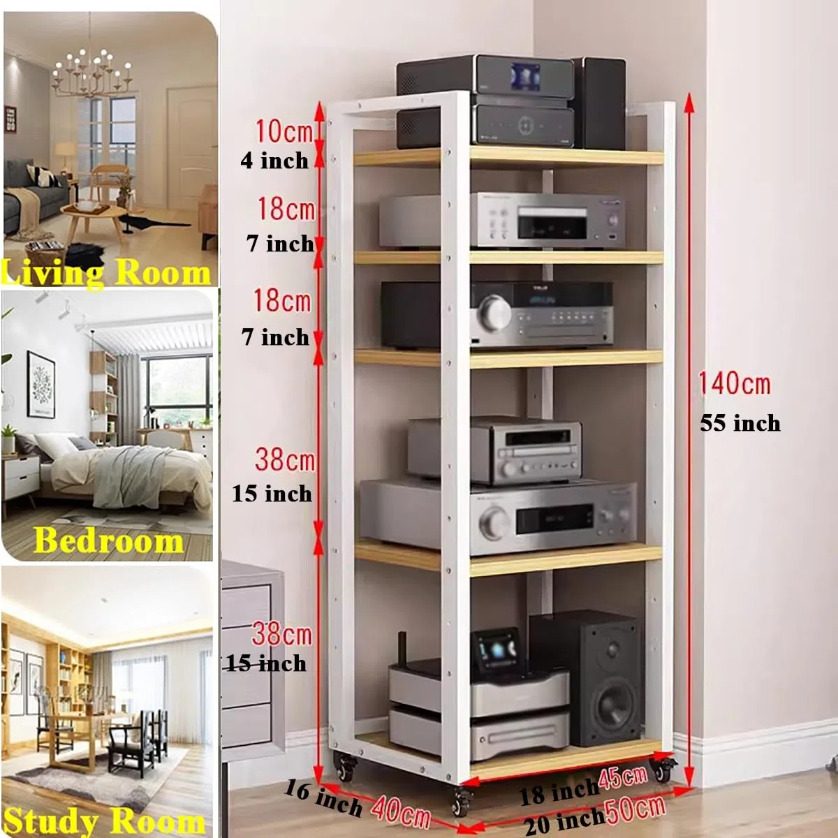 Szafka na sprzęt audio, 5-poziomowa szafka stojąca na komponenty stereo, stojak audio-wideo, jednostka multimedialna, półka gramofon, półki do przechowywania płyt, wysokie centrum rozrywki(Red)