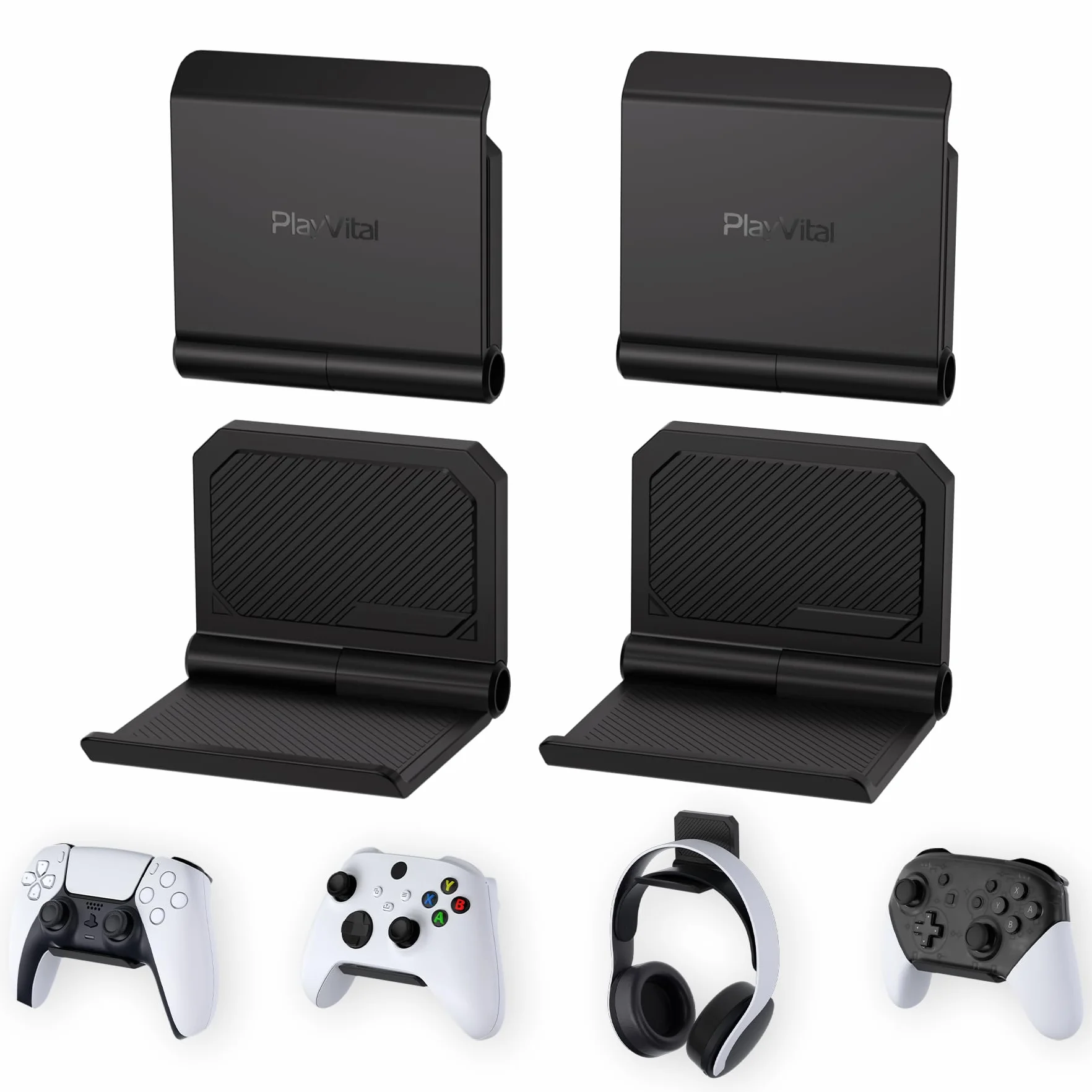PlayVital FOLD Stojak na Kontroler do ps5 Uchwyt Ścienny Stojak do Xbox Series X/S,do Switch Pro Wieszak na Słuchawki do Xbox Wireless Headset,for Pulse 3D Headset-Czarny(4 Zestaw)