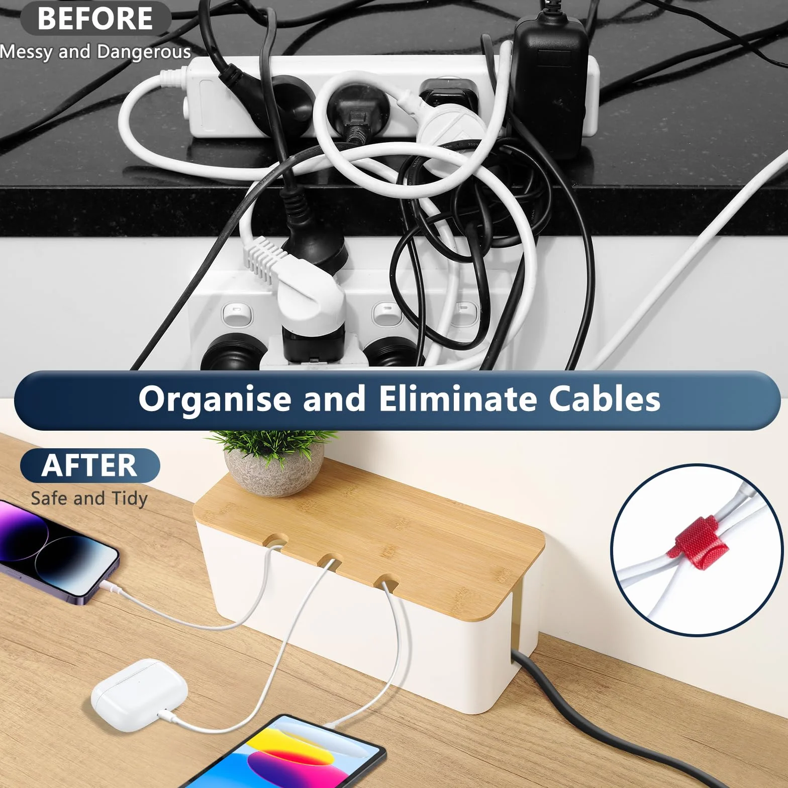 Skrzynka na Kable 3 Sztuki Pudełko z Drewnianą Pokrywką, Cable Organizer Box z Taśmami, Duży Średni Mały