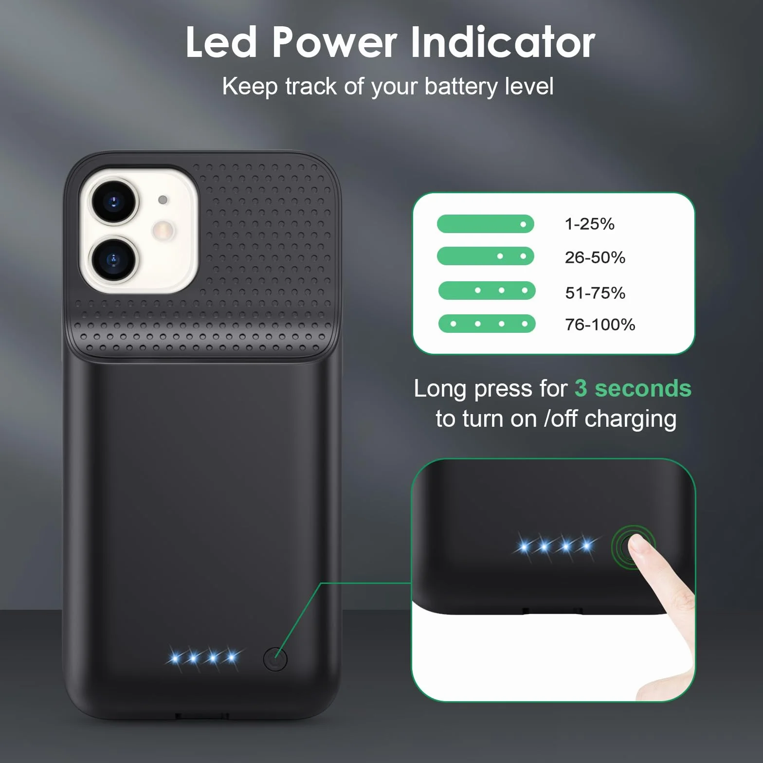 Etui na baterię do iPhone 12/12 Pro, 10800 mAh, czarne, kompatybilne z ładowaniem bezprzewodowym
