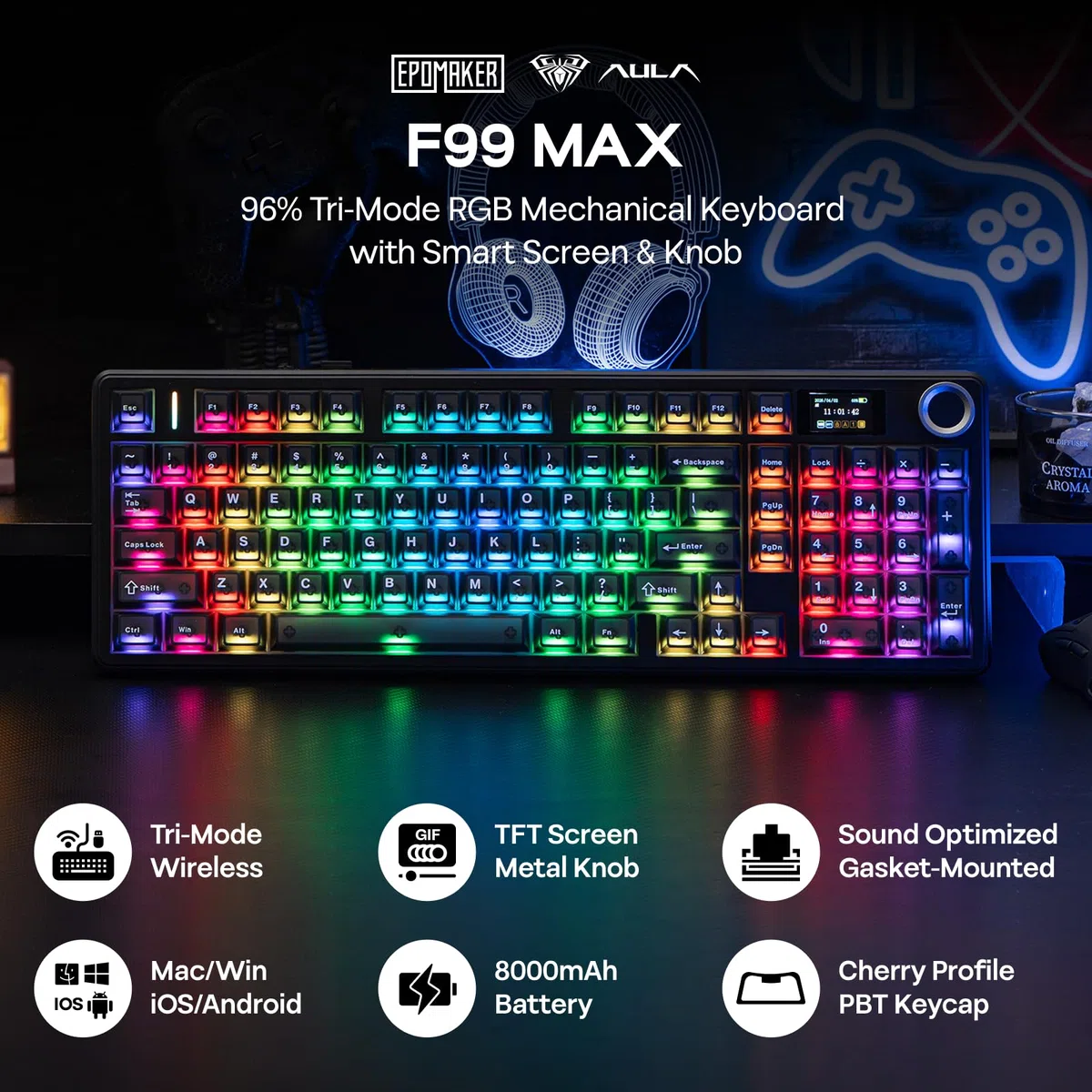 EPOMAKER Aula F99 MAX bezprzewodowa klawiatura mechaniczna, inteligentny ekran i pokrętło, 8000 mAh, klawiatura Creamy 2,4 GHz/BT, funkcja Hot-Swap, RGB, Custom Software (matowa czerń, przełącznik