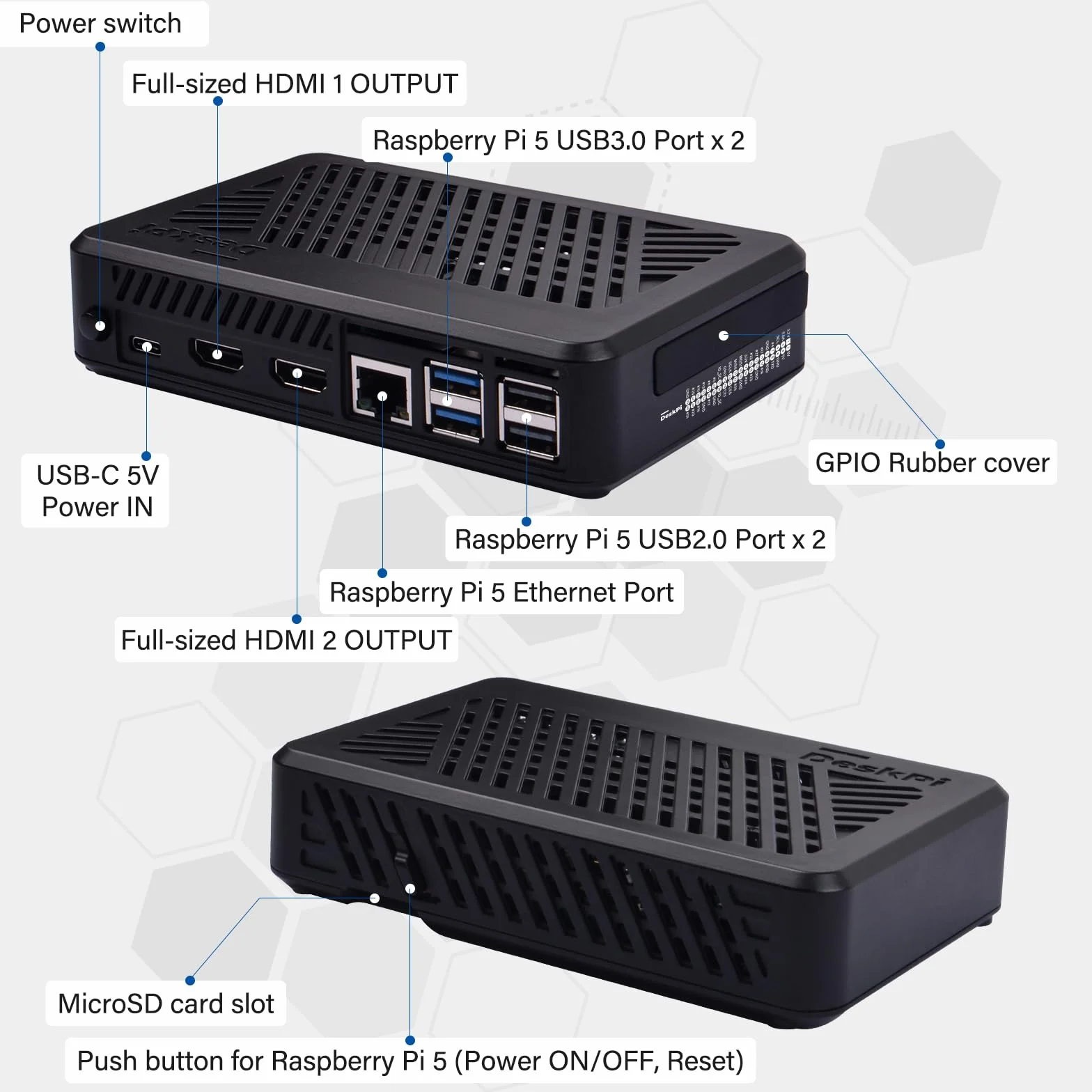GeeekPi DeskPi Lite Pi5 Obudowa z przyciskiem zasilania, PCIe na M.2 HAT, aktywnym chłodzeniem i podwójnym HDMI w pełnym rozmiarze dla Raspberry Pi 5, obsługuje dyski M.2 NVMe M-Key 2230/2242/2260