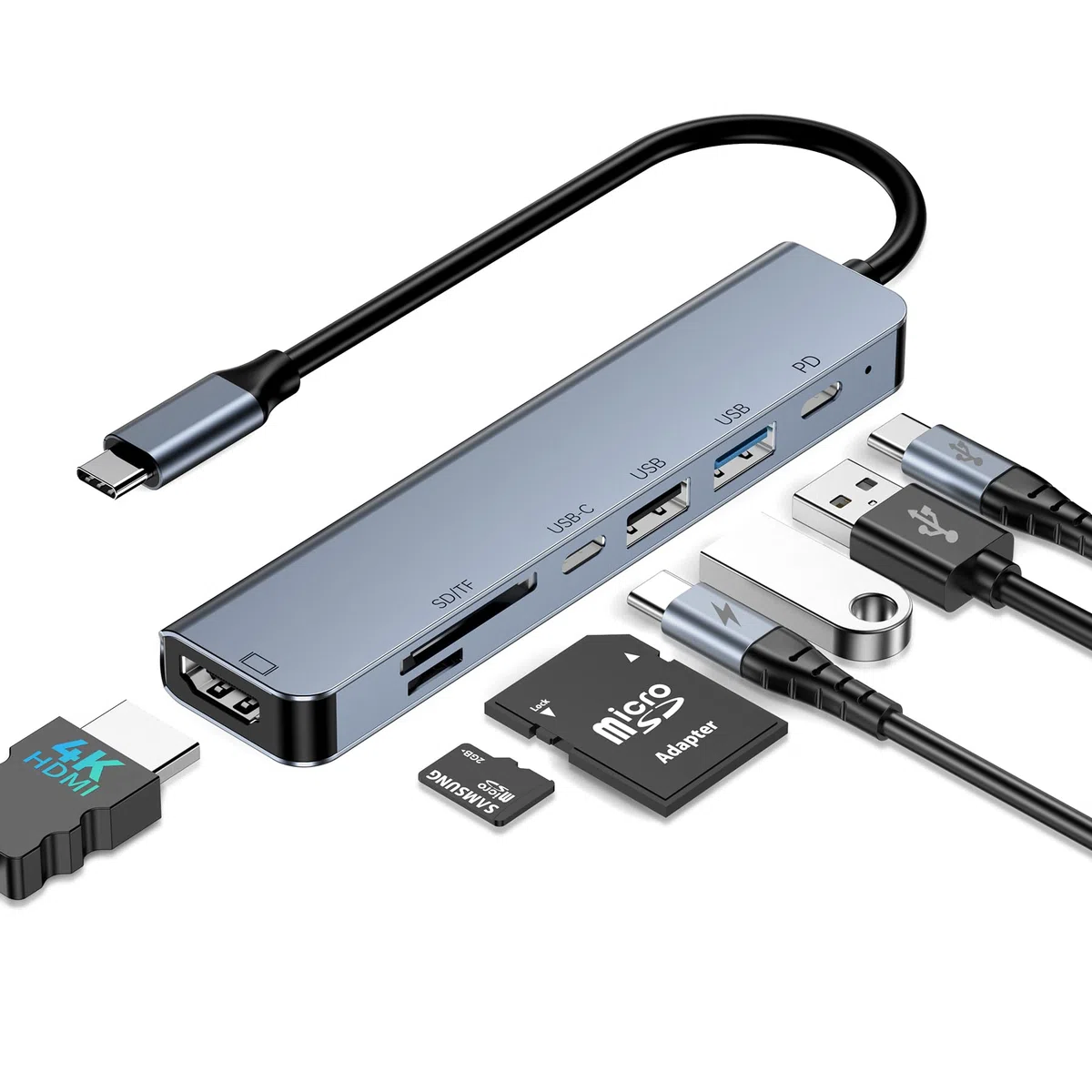 Hub USB C, adapter Multiport USB-C z 4K 60 Hz HDMI, 100 W PD, czytnik kart SD/TF, USB C Data, 2 x porty USB, stacja dokująca USB C do laptopa, MacBook Air/Pro, iPhone 15, iPad, Surface Pro, Steam Deck