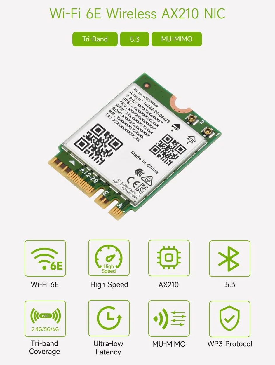 Waveshare Wireless AX210 NIC Card Gigabit Tri-Band Wi-Fi 6E M.2 802.11AX BT5.3