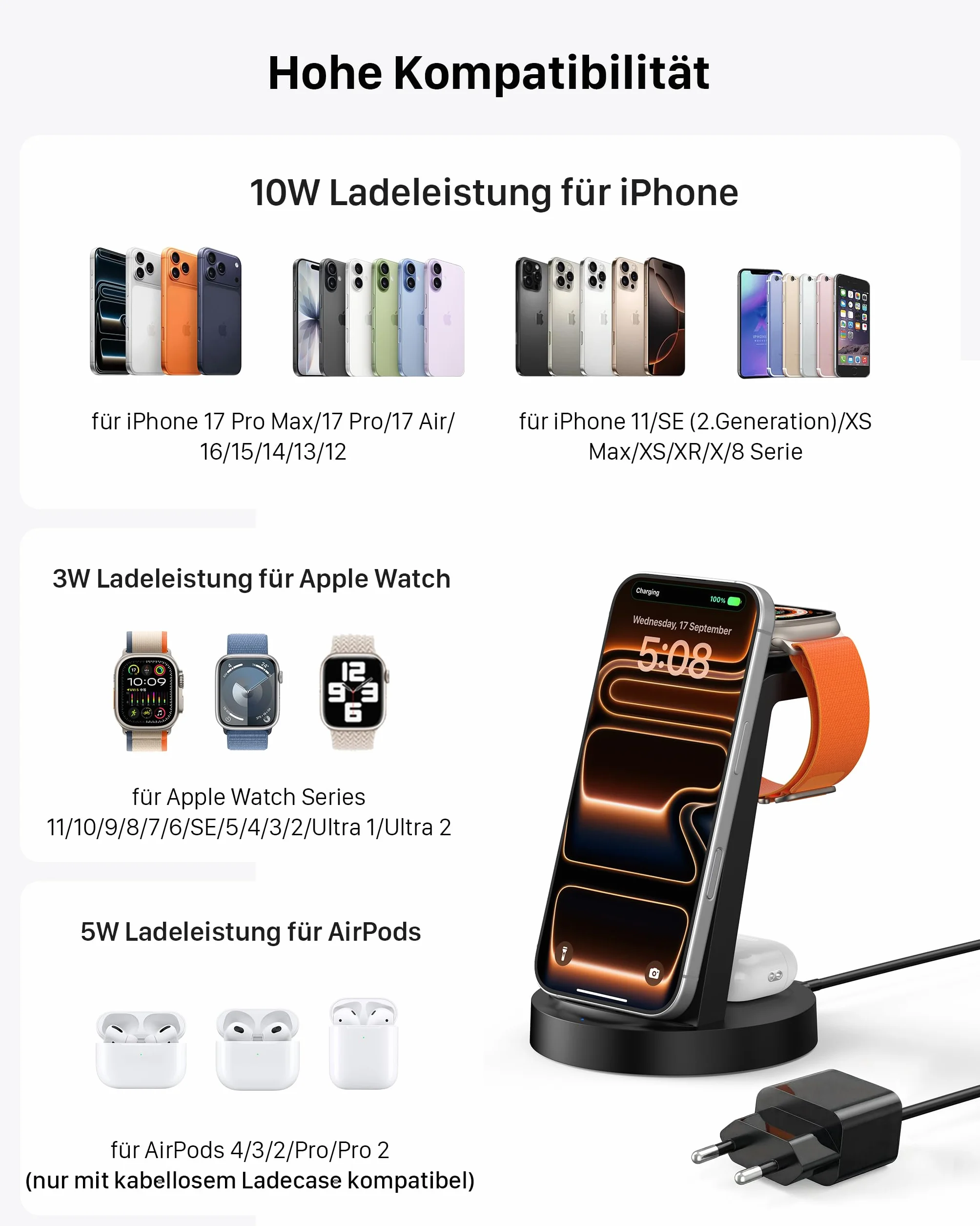 Bezprzewodowa ładowarka Stacja ładująca kompatybilna z Phone 17 Air 16e 16 15 14 13 12 11 X Pro Max & Ładowarki indukcyjne iWatch 11-2 z Pods 4 3 2 Pro z 18W Fast adapterem (Czarny)