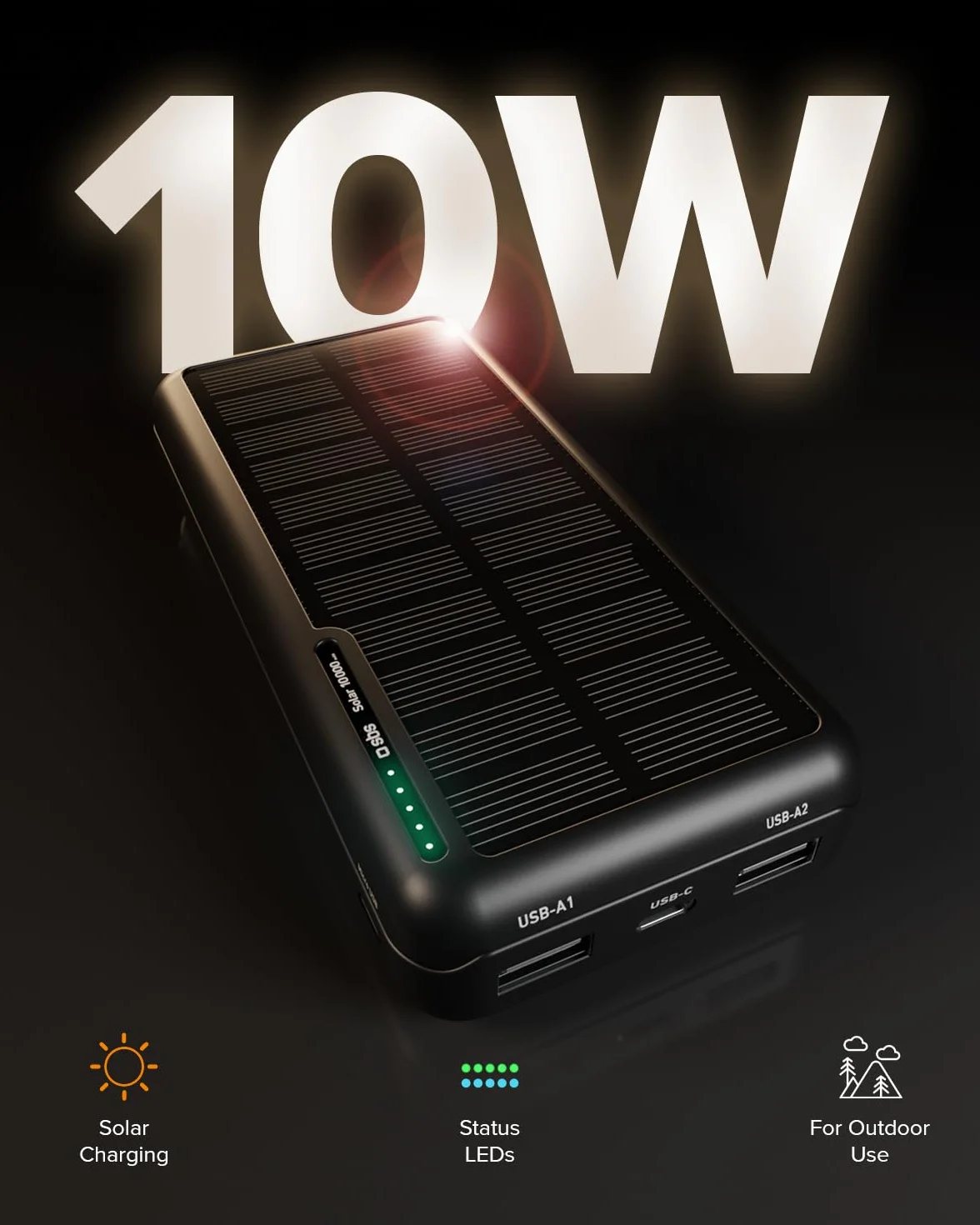 SBS Solar PowerBank 10000mAh z Panelem Słonecznym Szybkie Ładowanie USB-C USB-A Czarny