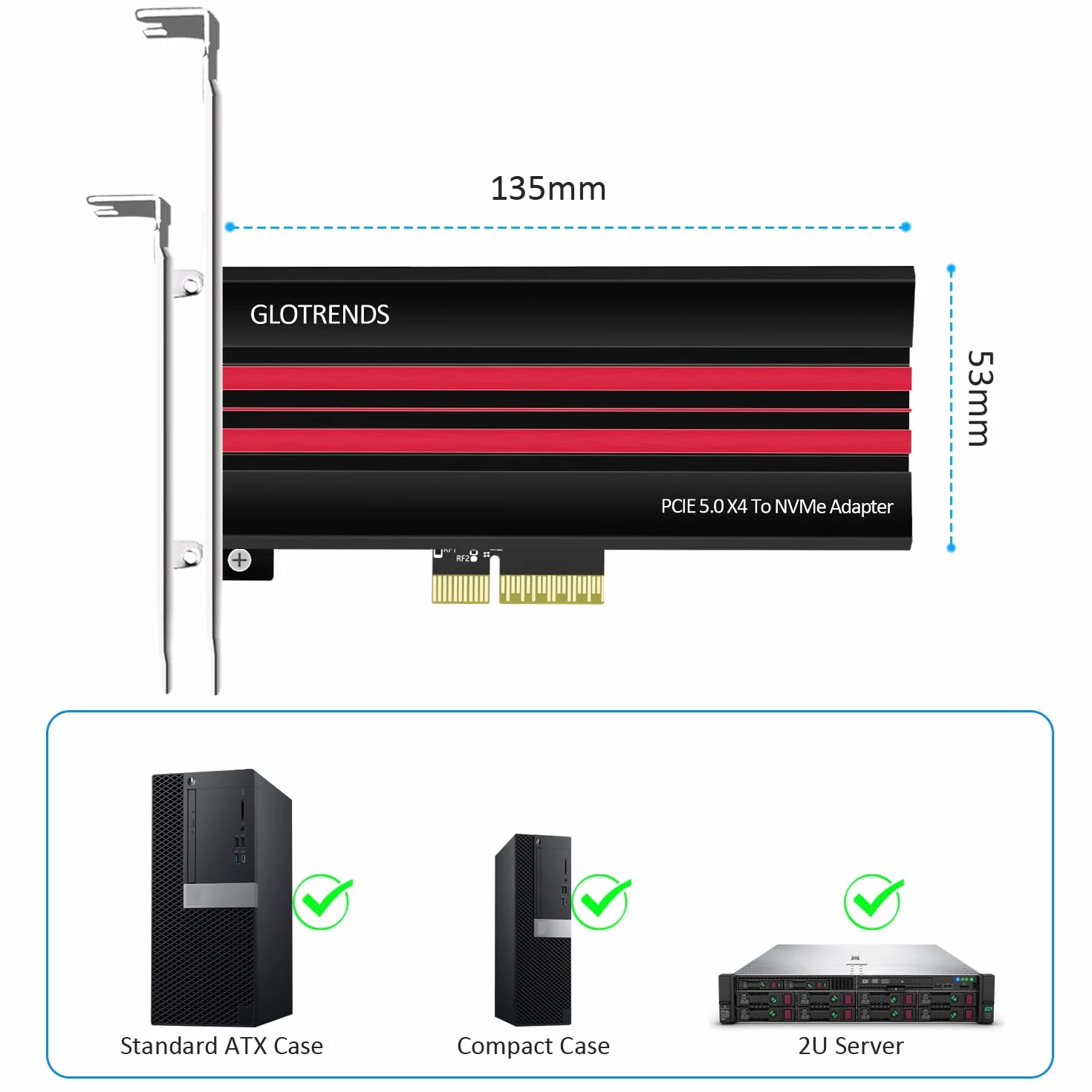 GLOTRENDS PA19 Adapter M.2 NVMe do PCIe 5.0 X4 dla M.2 NVMe SSD, duża aluminiowa osłona radiatora, zwykły i niskoprofilowy wspornik