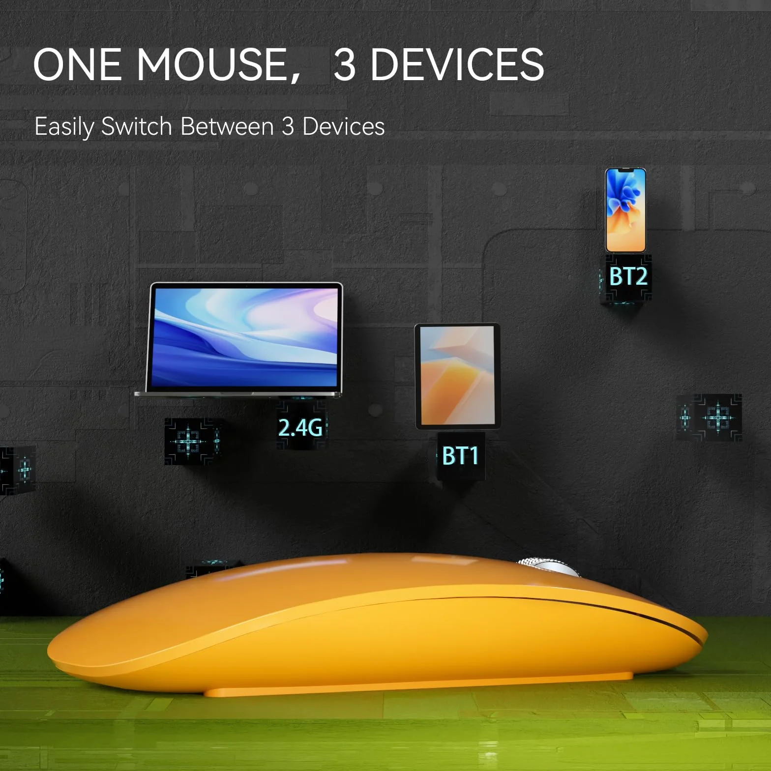 Uiosmuph Mysz Bluetooth, ładowalna mysz bezprzewodowa, cicha trójtrybowa mysz bezprzewodowa (podwójny Bluetooth 5.1 + 2.4 GHz) z odbiornikiem USB, do laptopa/iPada/PC/Maca-Pomarańczowy