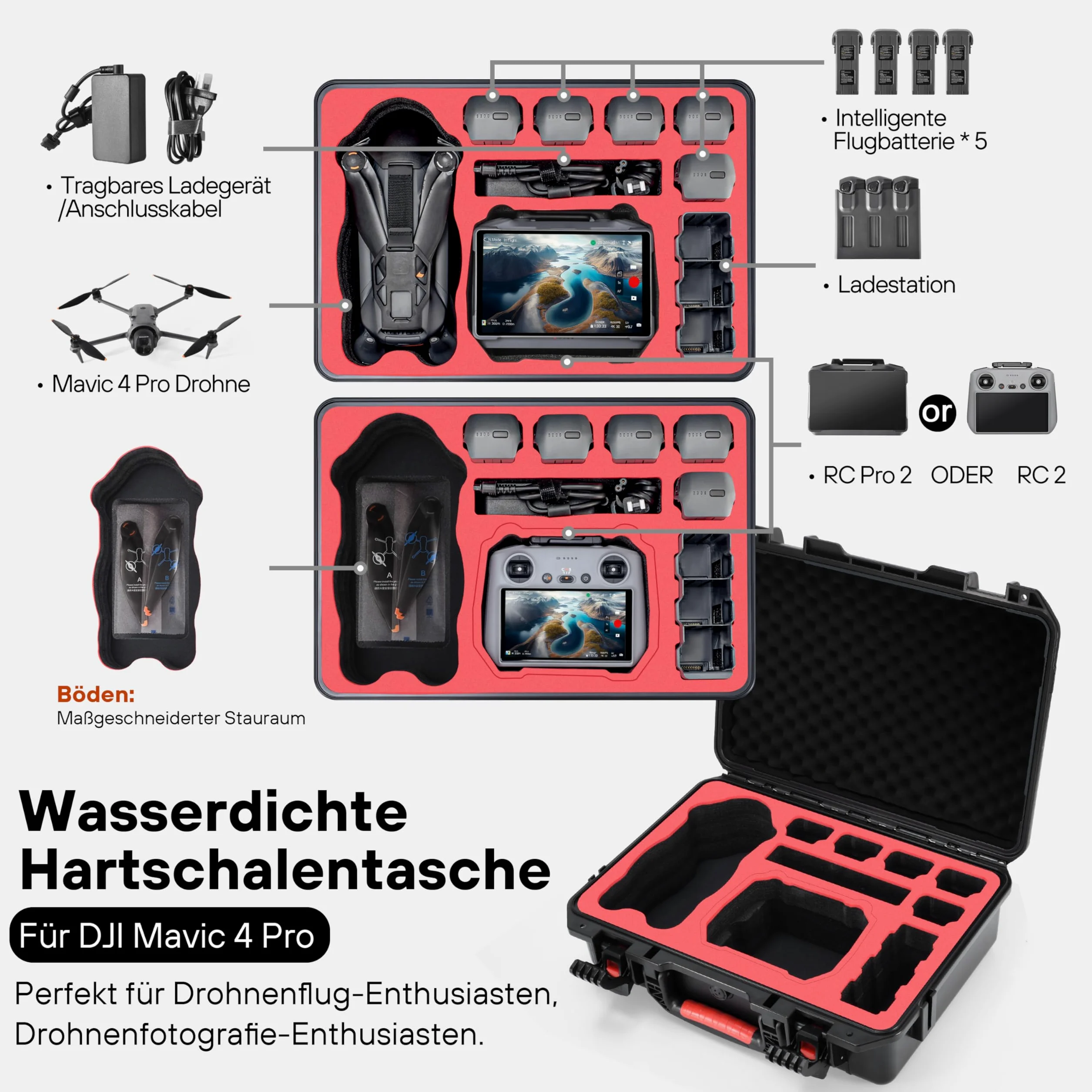 Wodoszczelna twarda obudowa do DJI Mavic 4 Pro Fly More Combo, pasuje do DJI RC 2 / RC Pro 2, do 9 akumulatorów, stacji ładującej, filtrów i innych akcesoriów do dronów (tylko walizka)