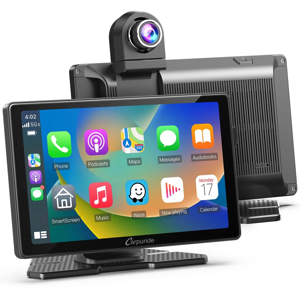 Carpuride W703 przenośny bezprzewodowy system Carplay i Android Auto z kamerą rozdzielczą – 7-calowy ekran HD IPS, kamera przednia 4K i kamera cofania 1080p, nagrywanie w pętli, GPS, Siri, muzyka,