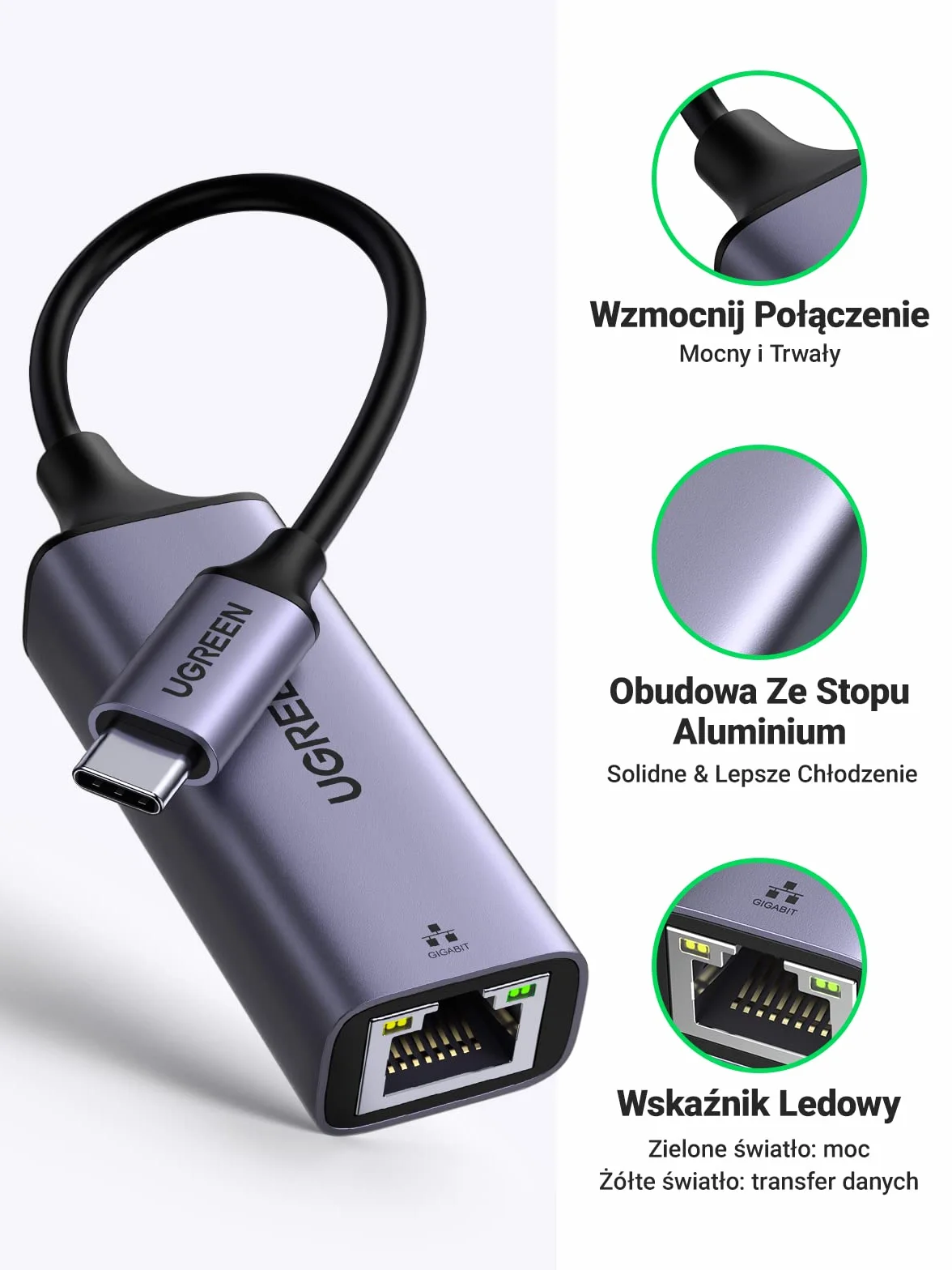 UGREEN Adapter Ethernet USB C na RJ45 1000 Mbps Thunderbolt 3 Kompatybilny z Przełącznikiem Mac Pro Air iPad Pro XPS 15 13 ThinkPad Galaxy S20 S10 itp（Szary）