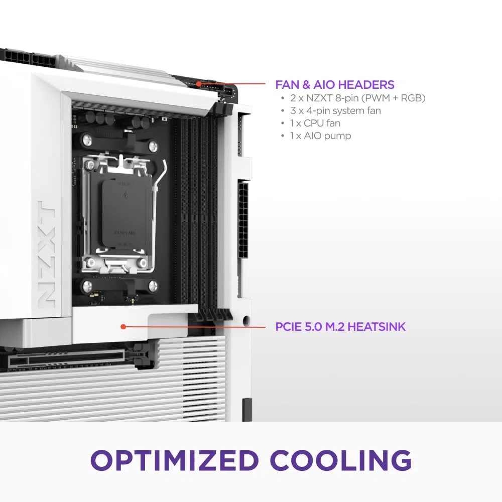 NZXT N7 B850 - Płyta Główna ATX AMD B850 AM5 - Biały | Płyta główna AMD B850 ATX pod Ryzen 9000/8000/7000. Wi-Fi, PCIe 5.0, DDR5 i pełna osłona RGB. Klasa średnia, czysty wygląd.