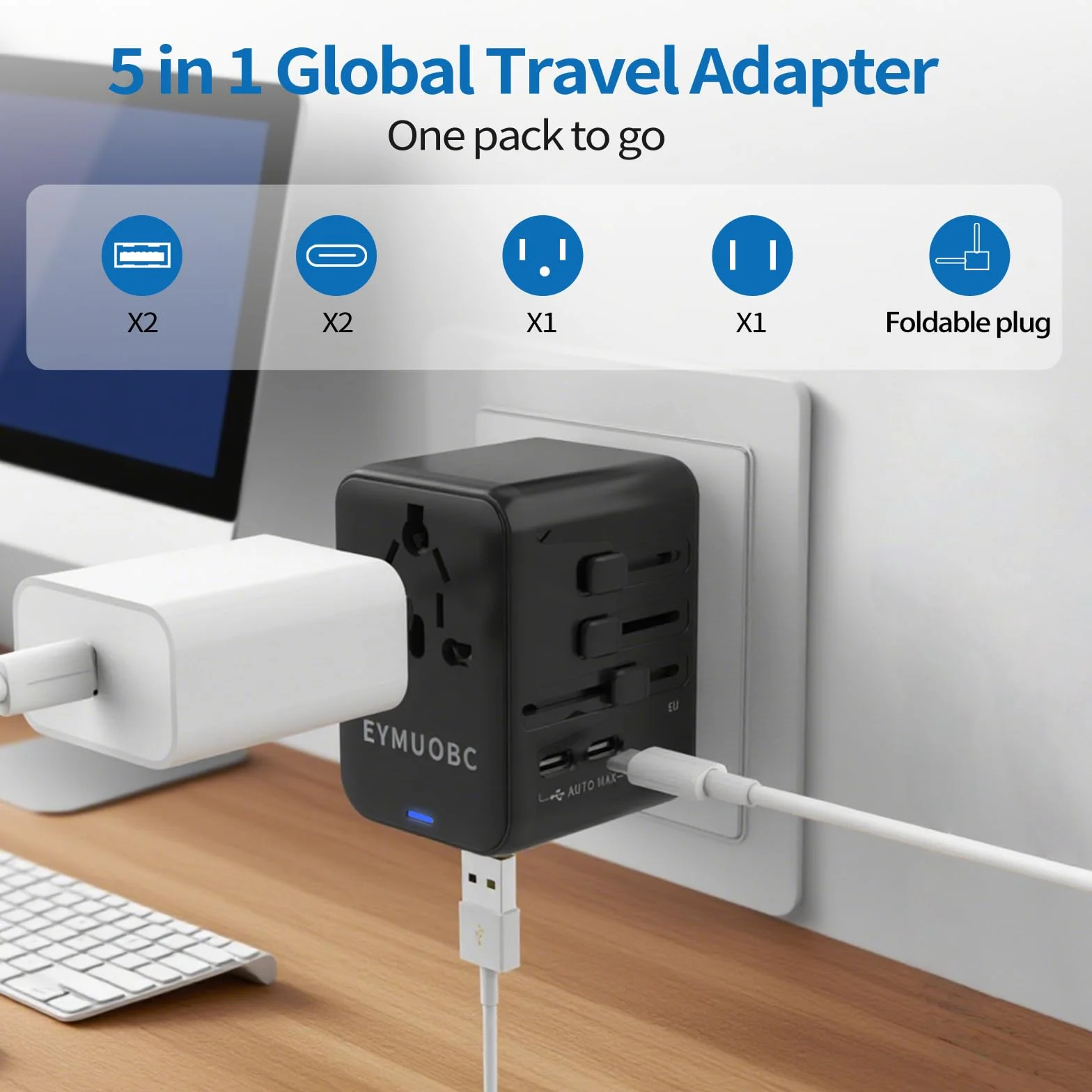 Uniwersalny adapter podróży na całym świecie z 2 portami USB-C i 2 portami USB-A, międzynarodowy adapter wtyczki,wtyczka podróżna adapter na całym świecie do USA, Anglii, Australii